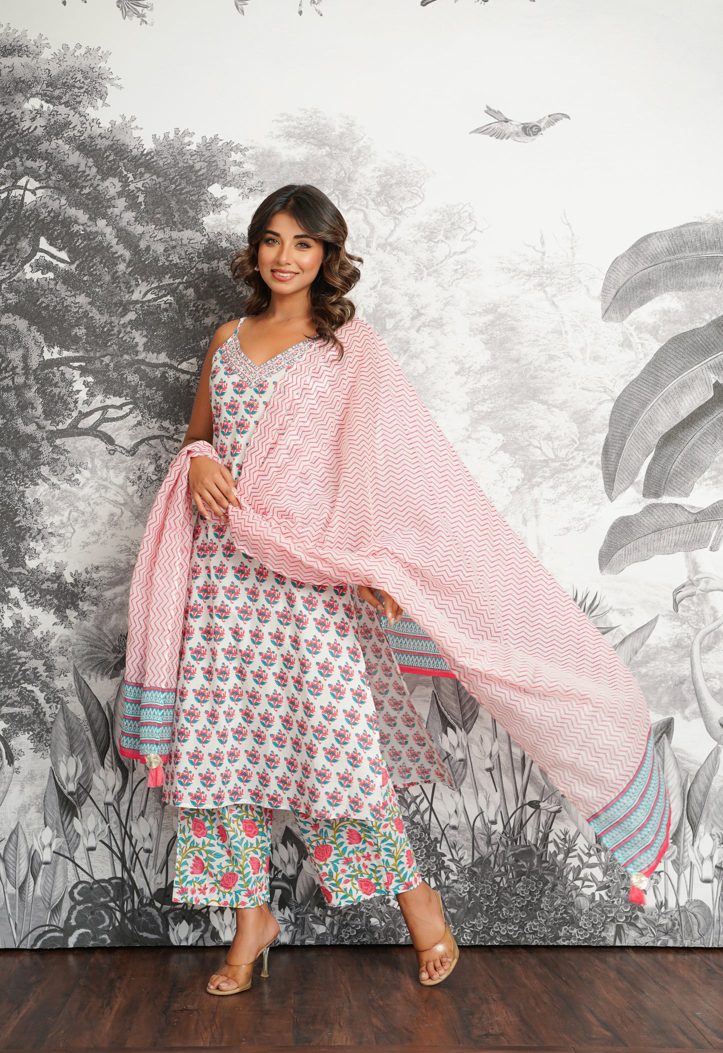 Pink-Blue Floral Printed Strappy Suit set