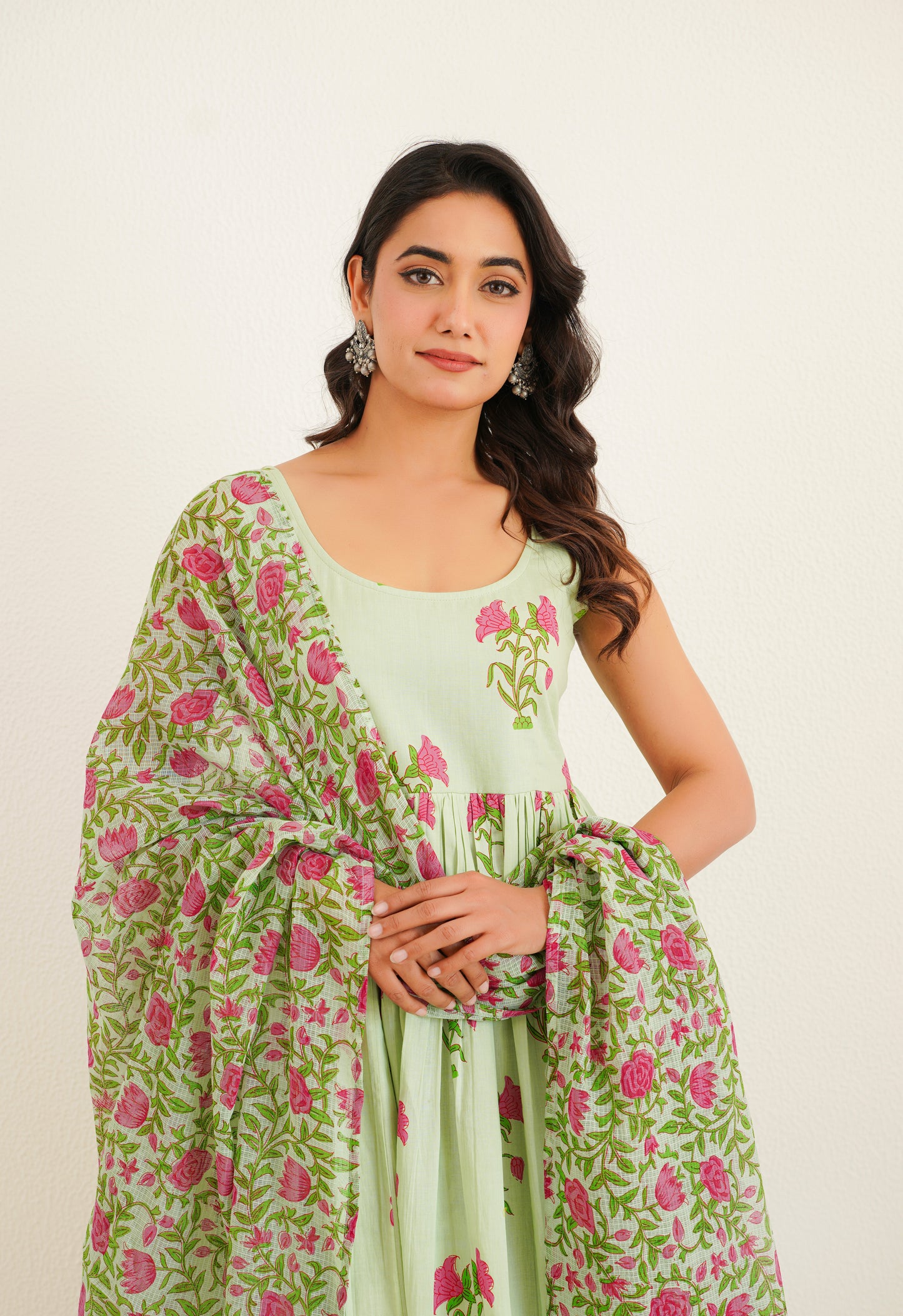 PISTA GREEN FLORAL PRINTED KURTA SET WITH DUPATTA