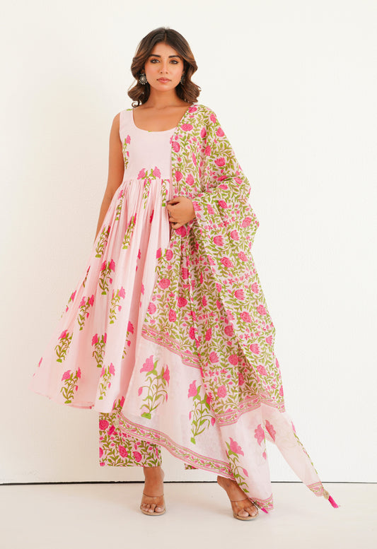 PINK FLORAL PRINTED KURTA SET WITH DUPATTA