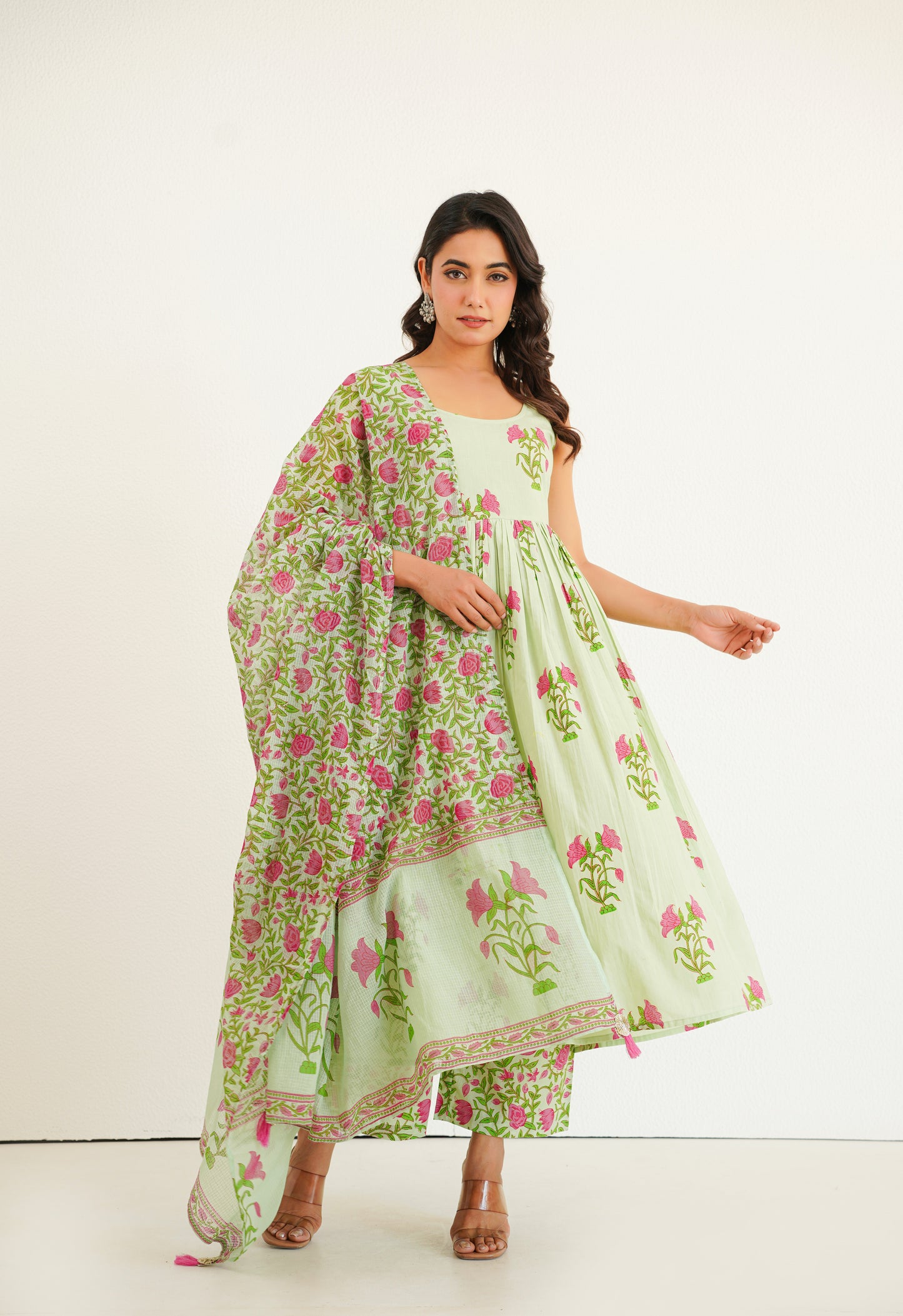 PISTA GREEN FLORAL PRINTED KURTA SET WITH DUPATTA