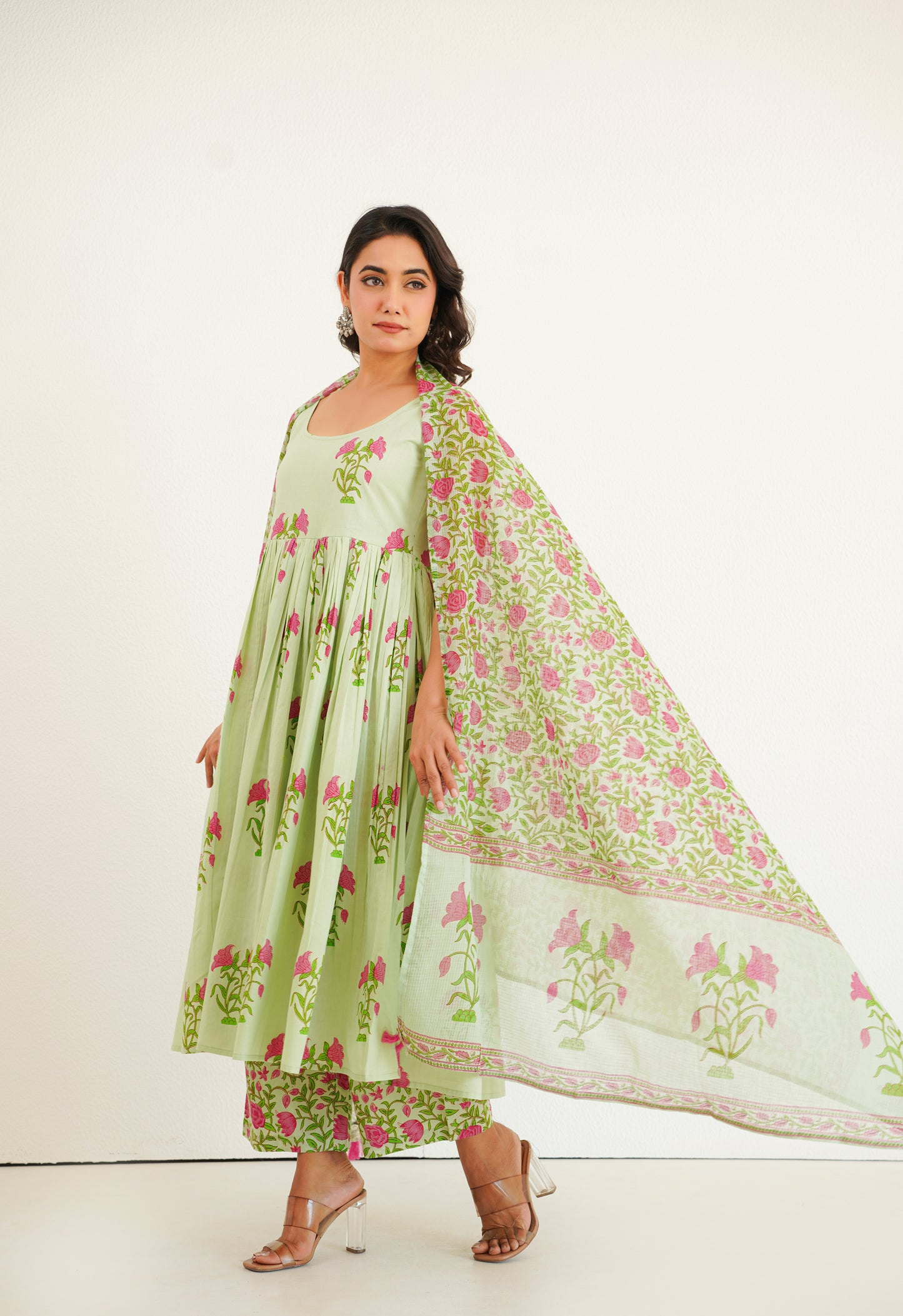 PISTA GREEN FLORAL PRINTED KURTA SET WITH DUPATTA