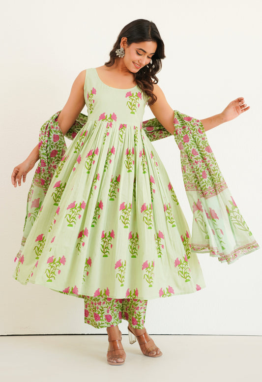PISTA GREEN FLORAL PRINTED KURTA SET WITH DUPATTA