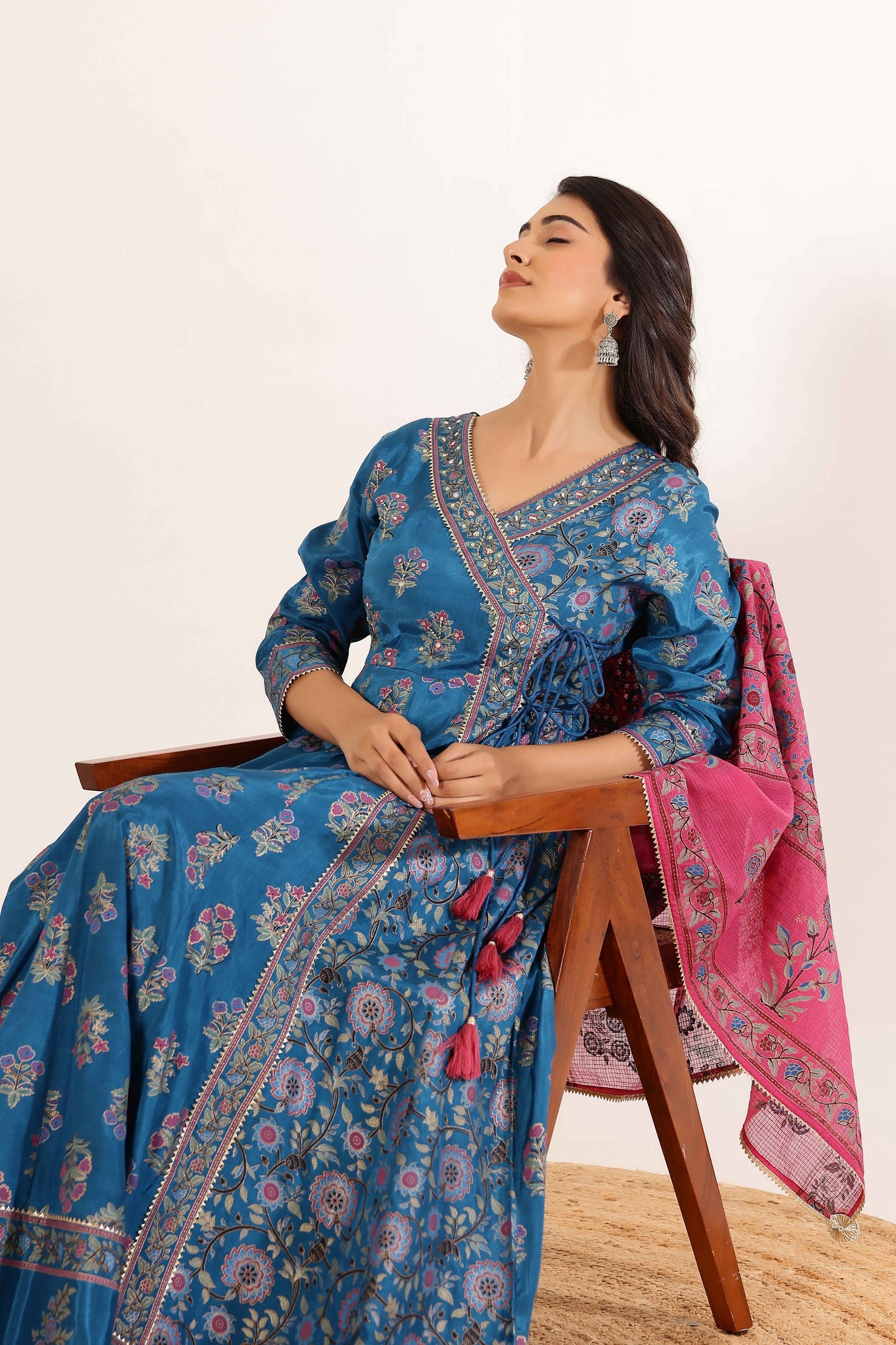 Blue Floral Printed Anarkali Dress with Floral Printed Dupatta