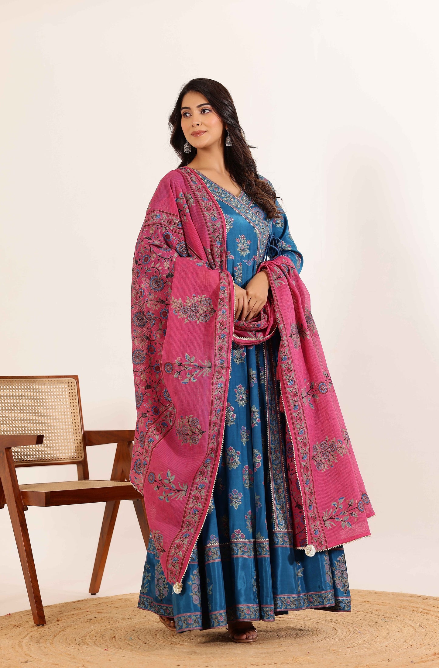 Blue Floral Printed Anarkali Dress with Floral Printed Dupatta