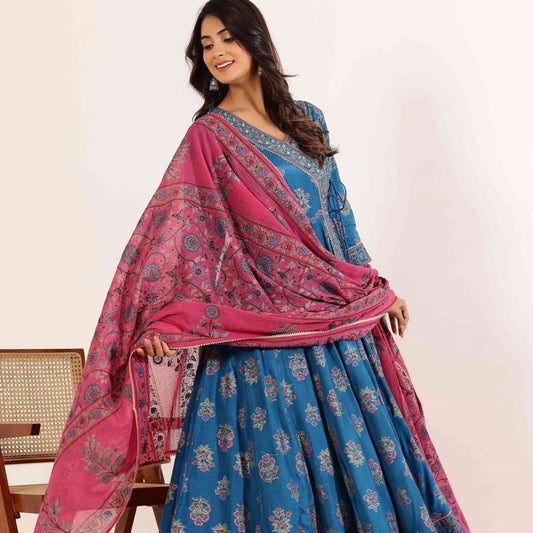 Blue Floral Printed  Anarkali Dress with Floral Printed Dupatta
