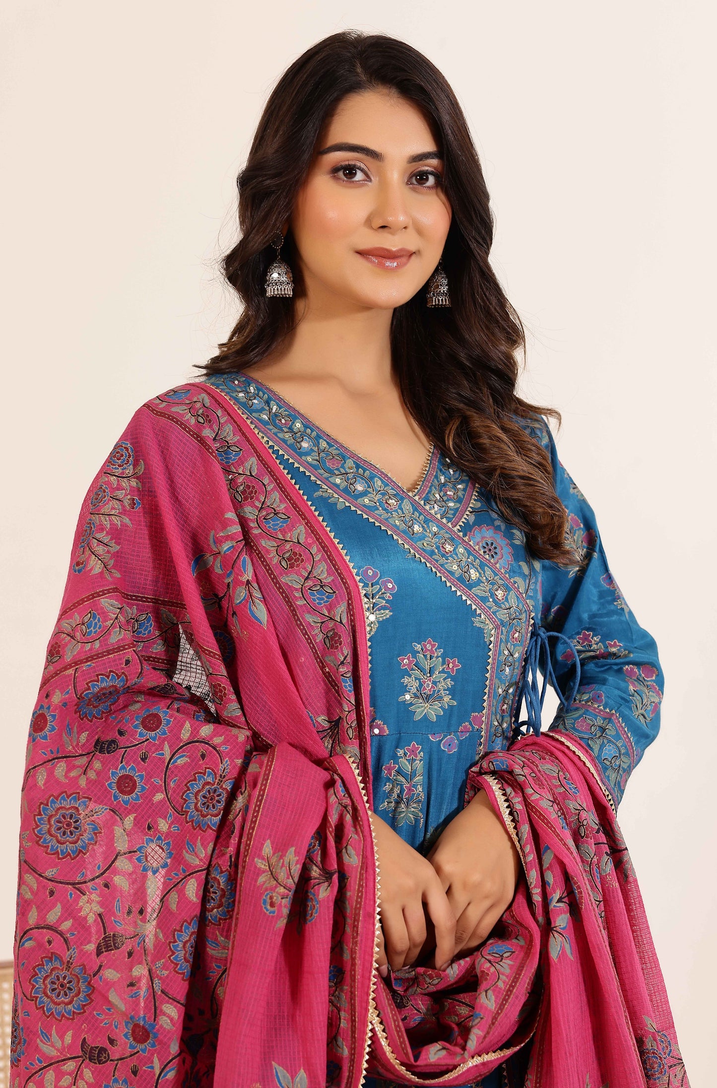 Blue Floral Printed Anarkali Dress with Floral Printed Dupatta