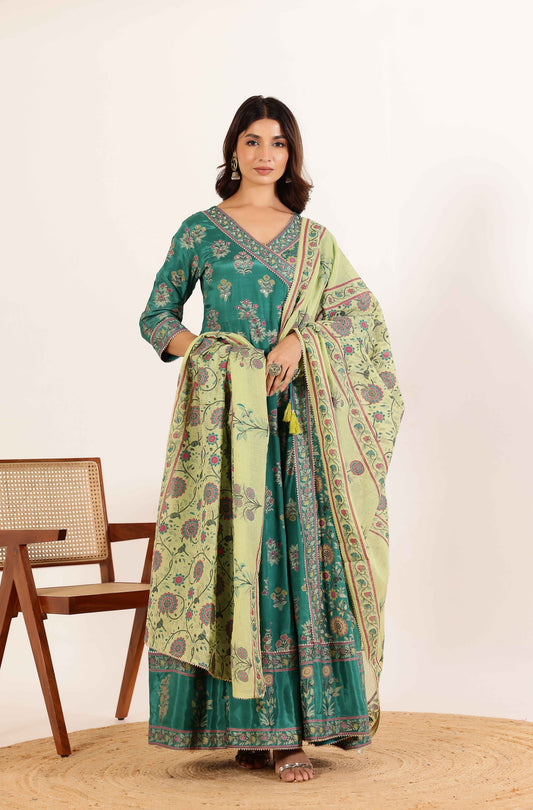 Vibrant Elegance: Green Angrakha Dress with Floral Dupatta and Tassel Details