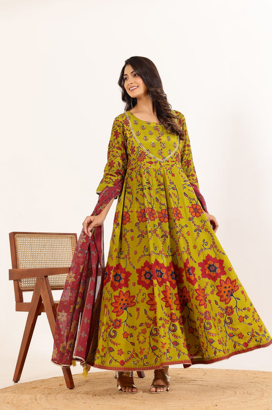 Green Floral Printed Anarkali Dress with Floral Printed Dupatta