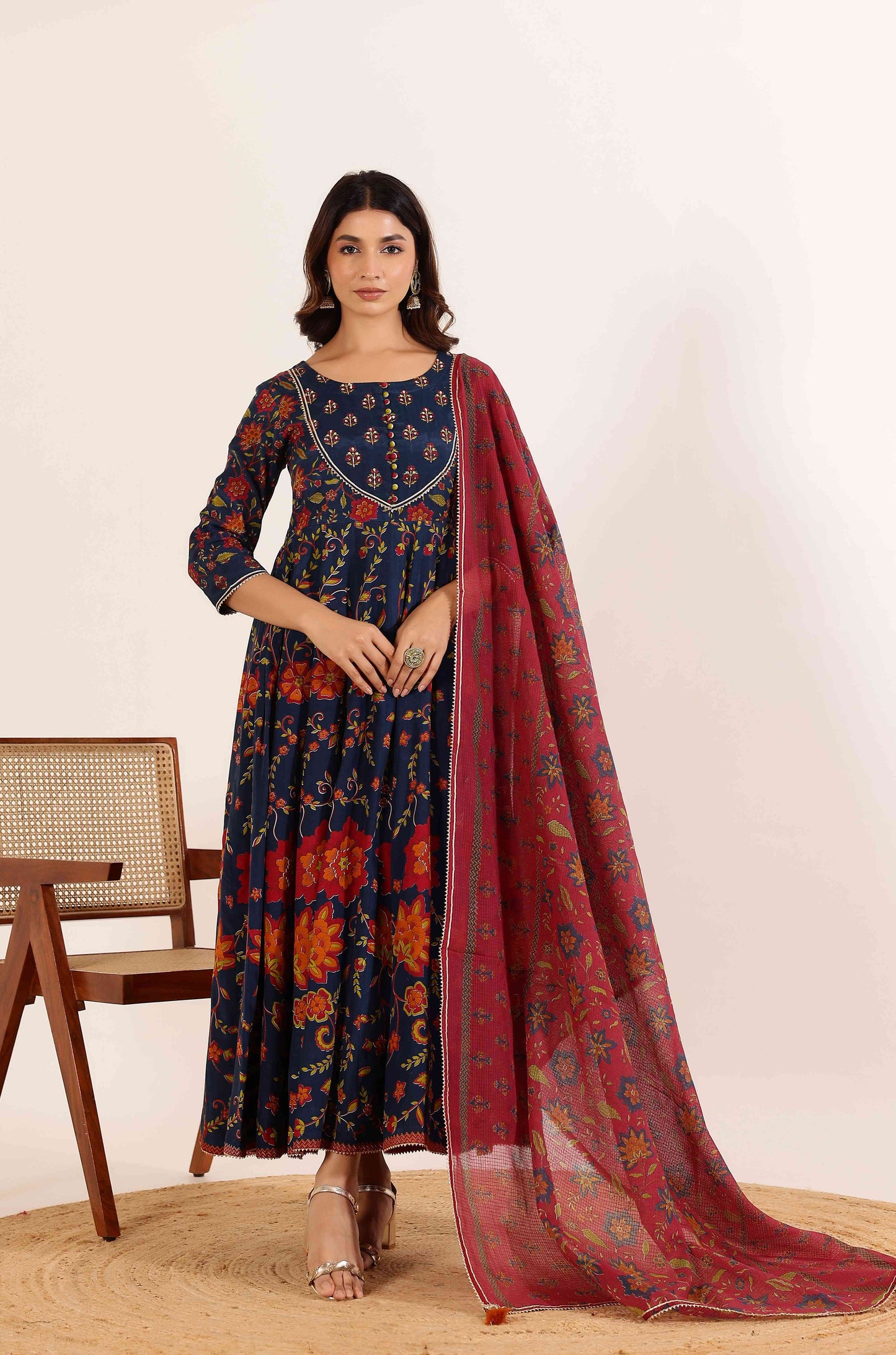 Navy Floral Printed Anarkali Dress with Contrast Floral Dupatta