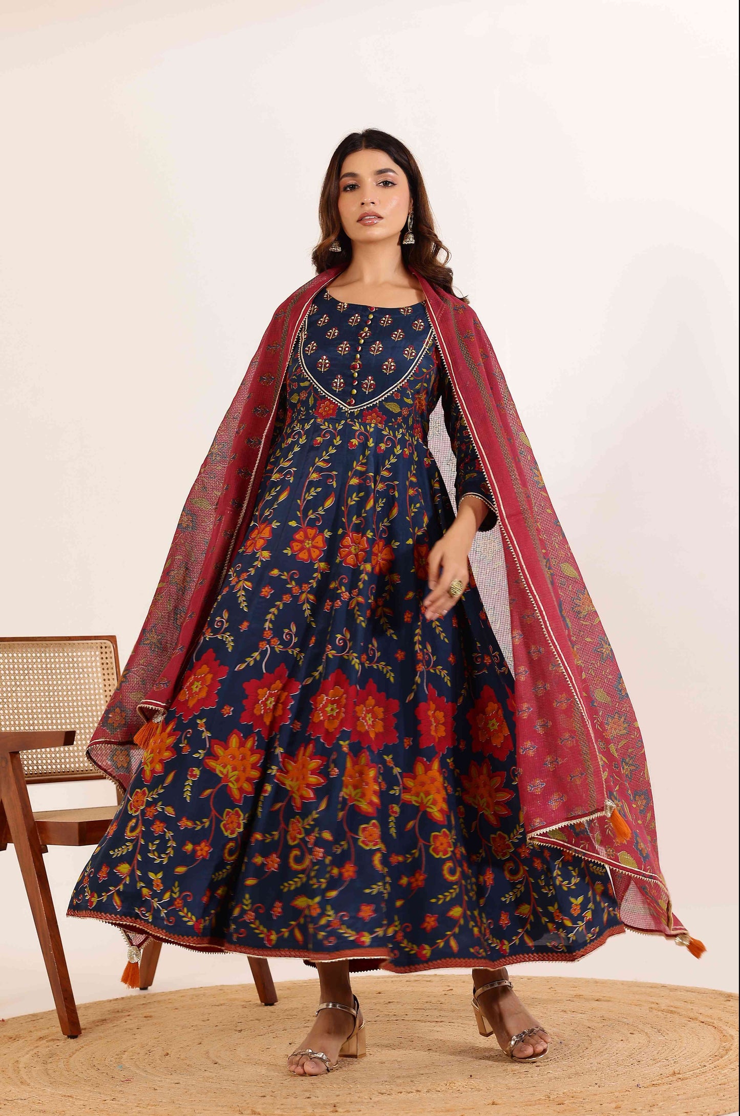Navy Floral Printed Anarkali Dress with Contrast Floral Dupatta