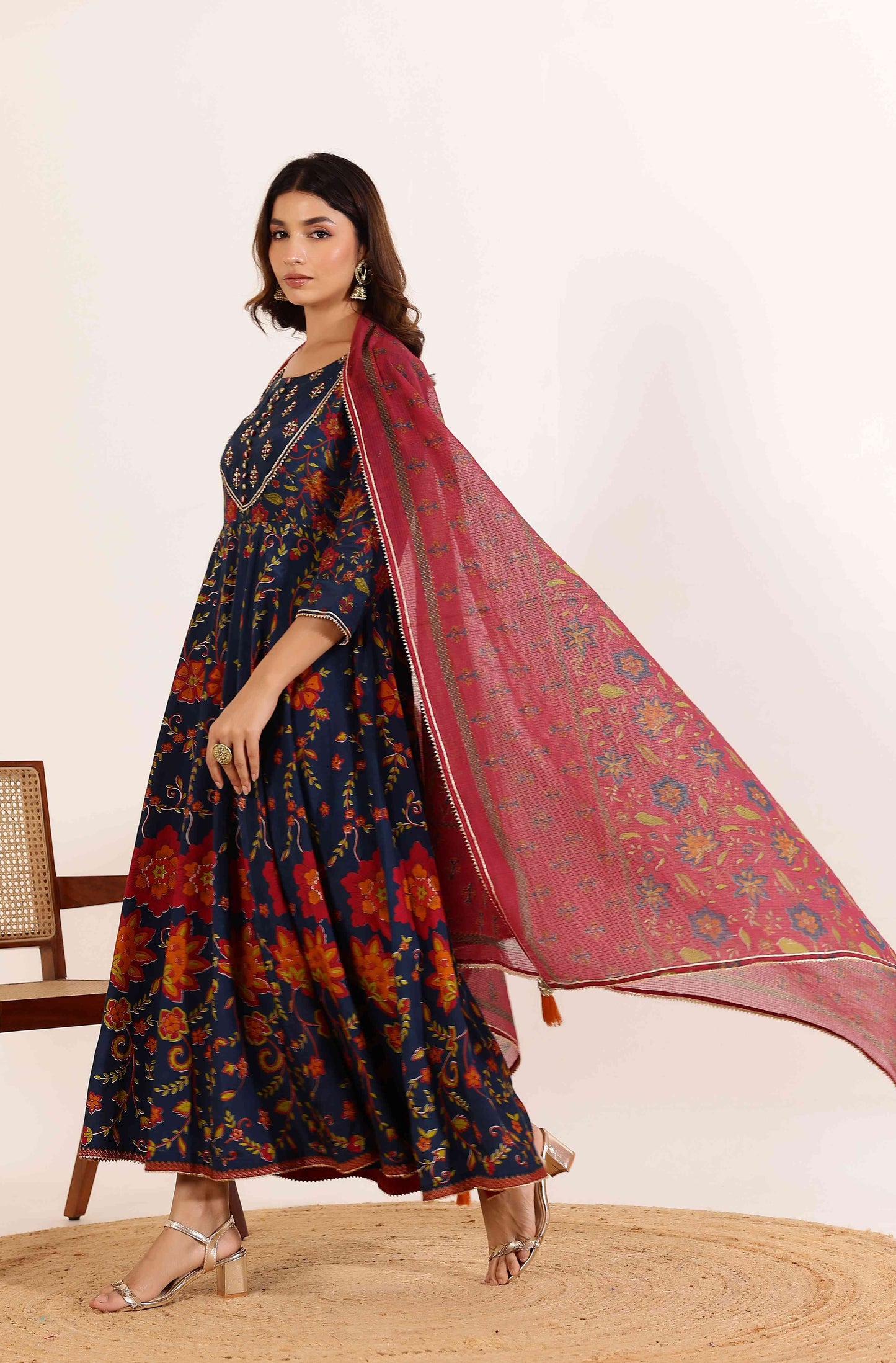 Navy Floral Printed Anarkali Dress with Contrast Floral Dupatta