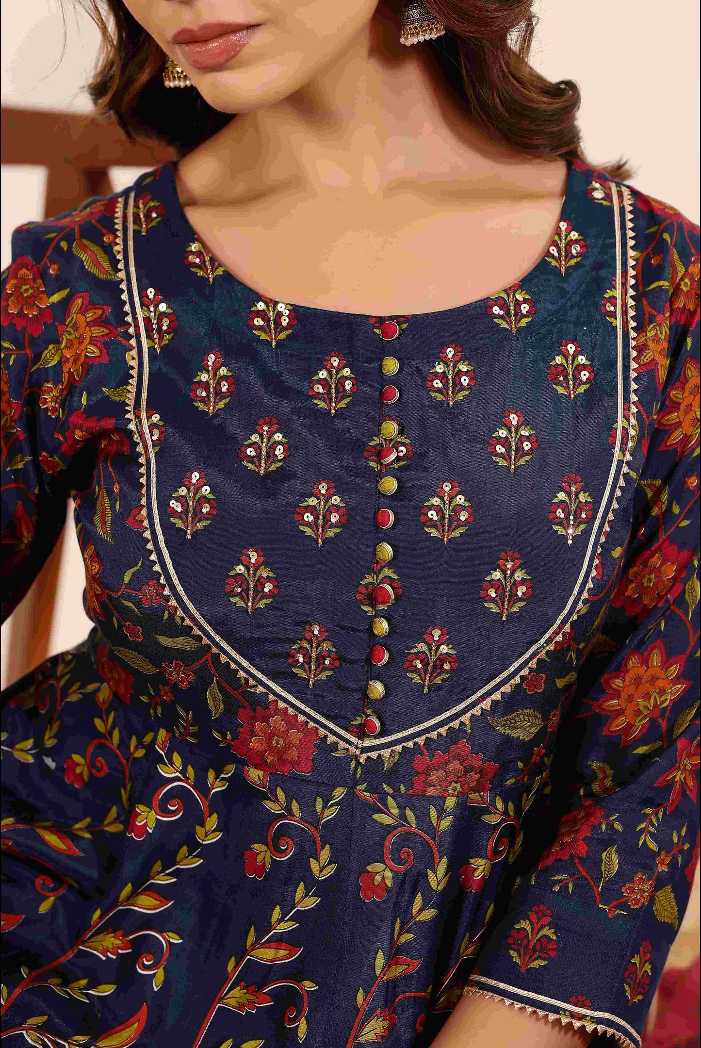 Navy Floral Printed Anarkali Dress with Contrast Floral Dupatta