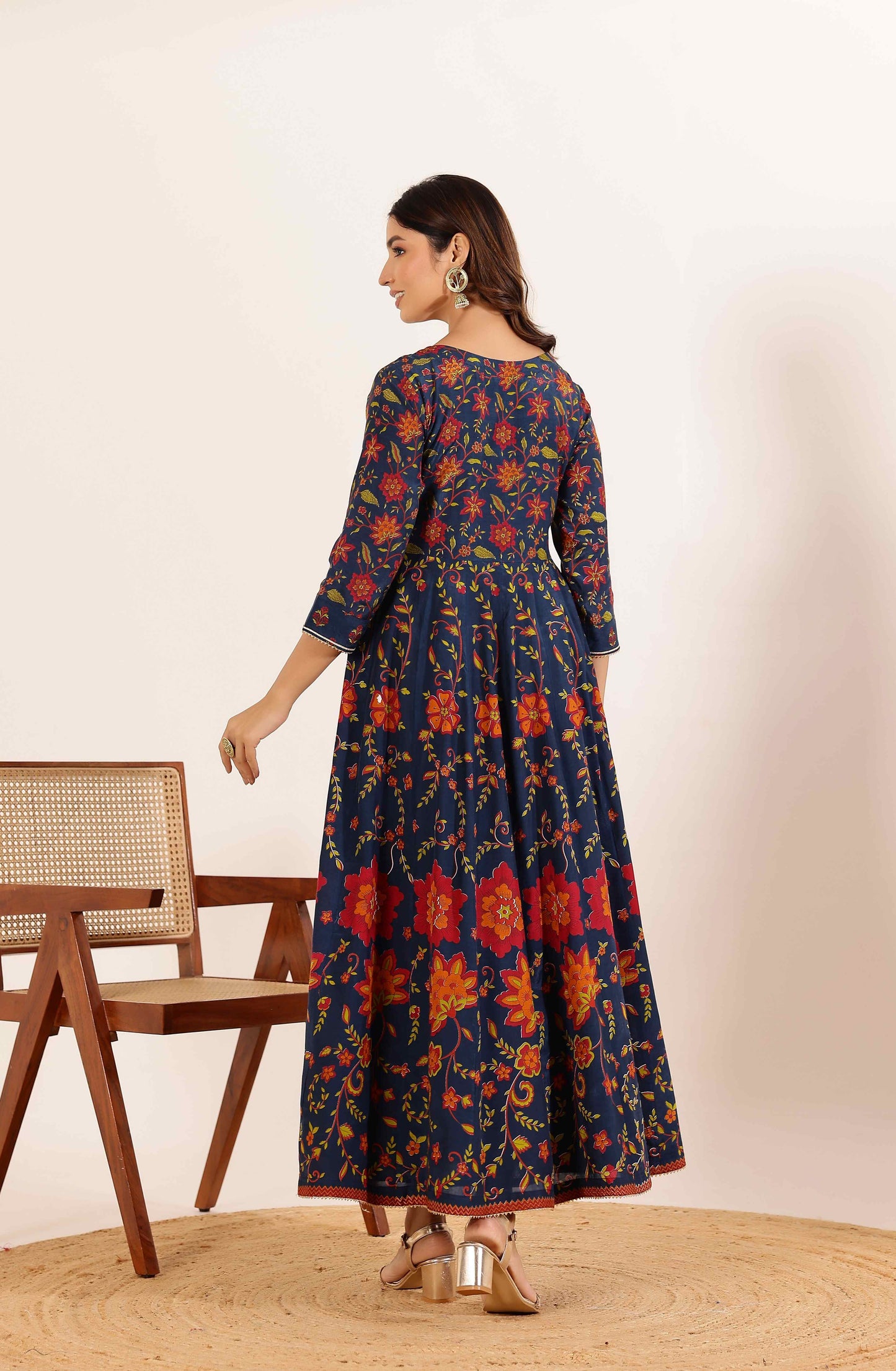 Navy Floral Printed Anarkali Dress with Contrast Floral Dupatta
