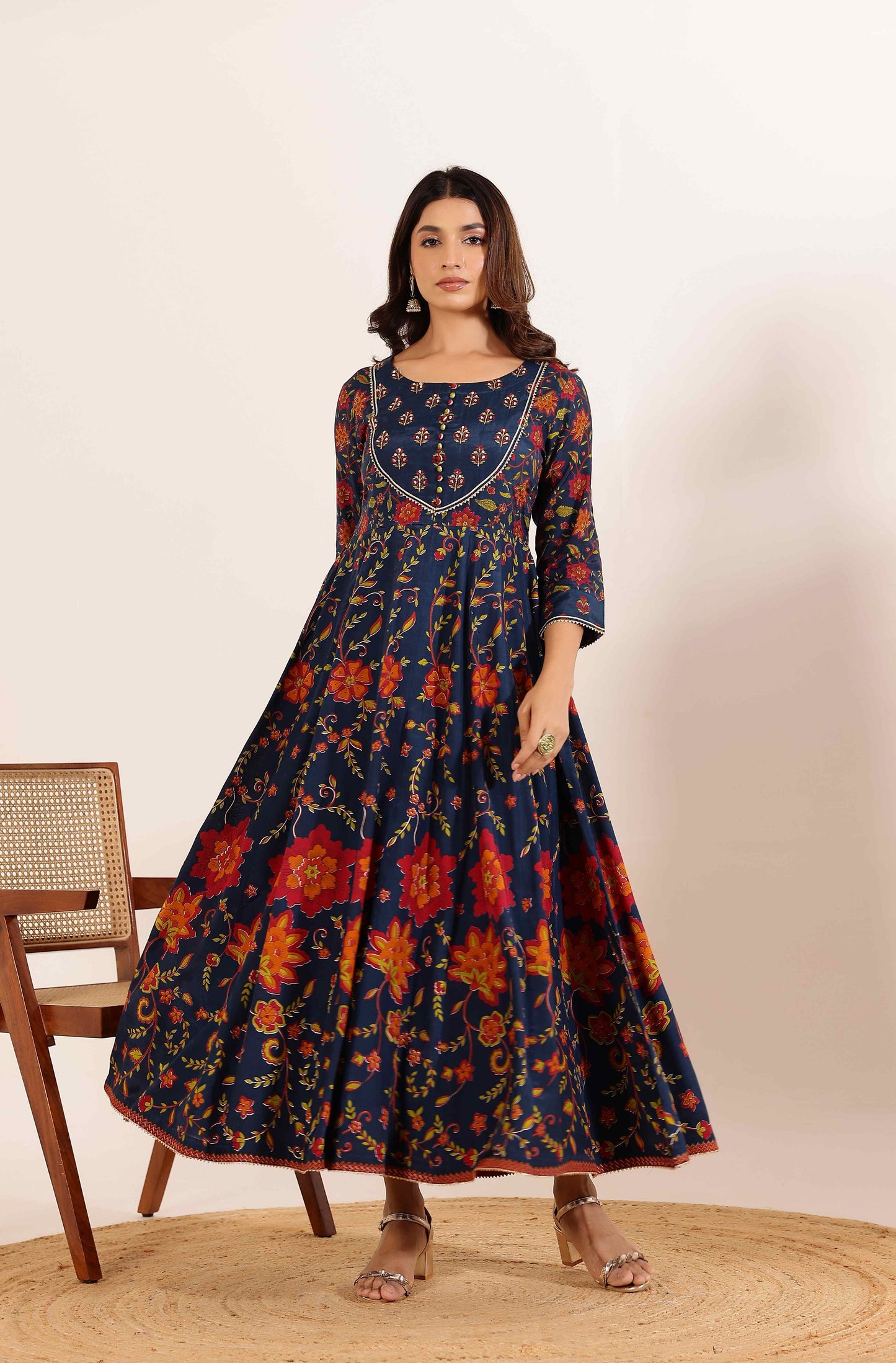 Navy Floral Printed Anarkali Dress with Contrast Floral Dupatta