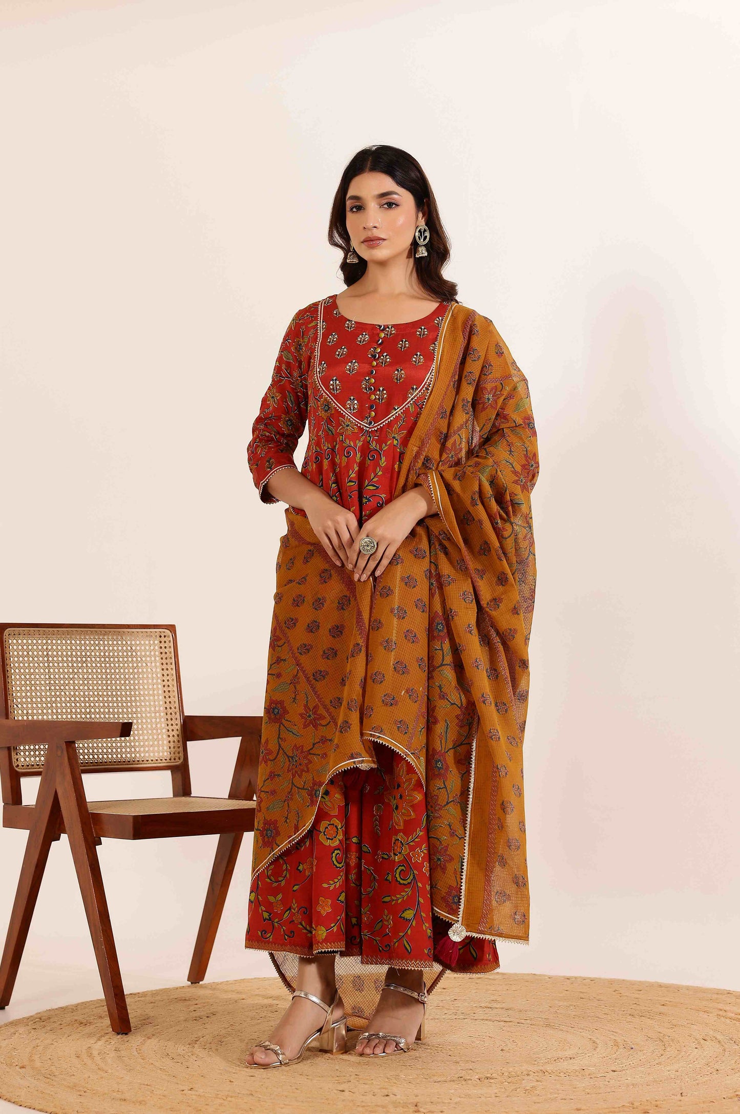 Rust Floral Printed Anarkali Dress with Floral Printed Dupatta