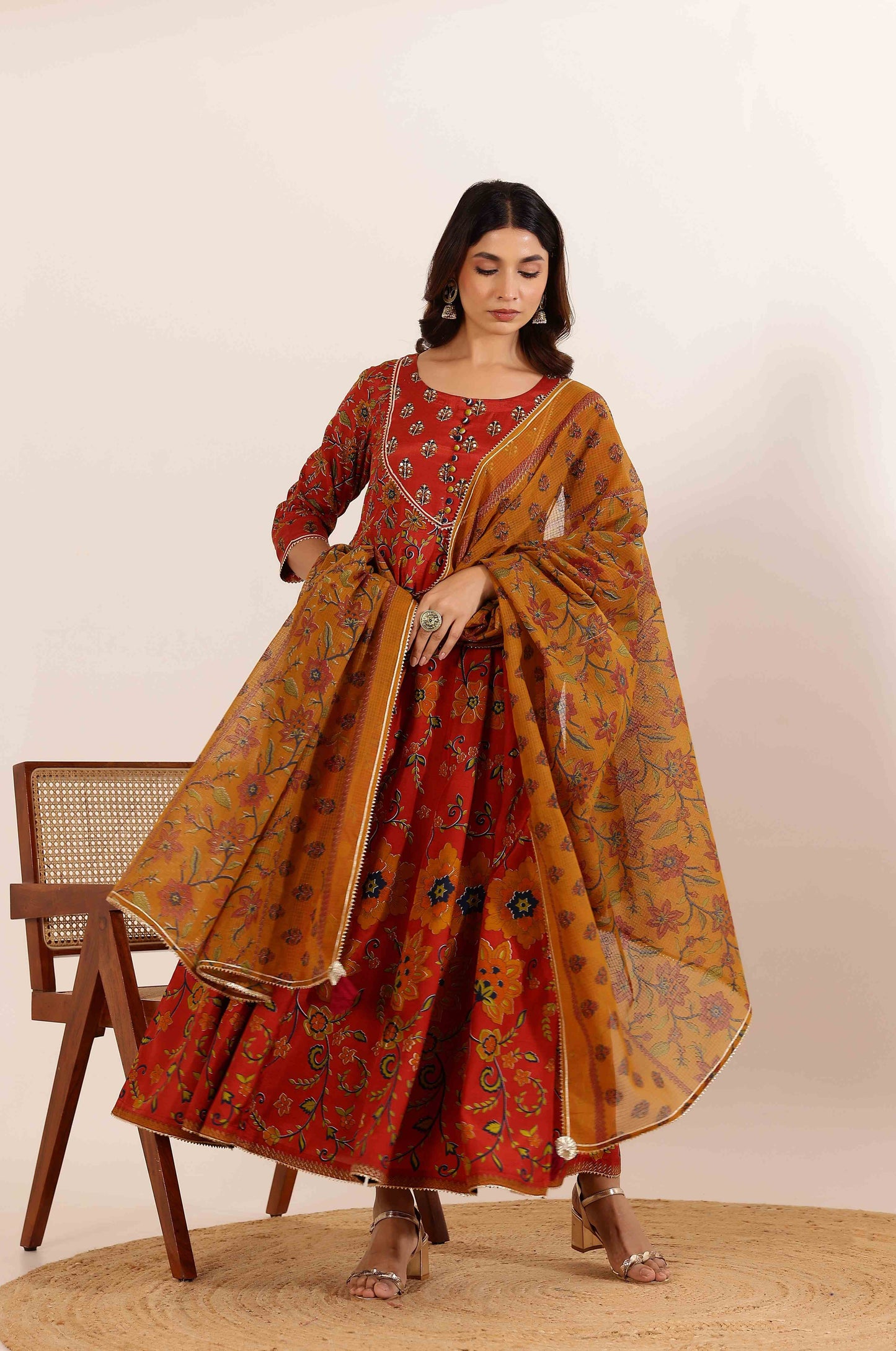 Rust Floral Printed Anarkali Dress with Floral Printed Dupatta