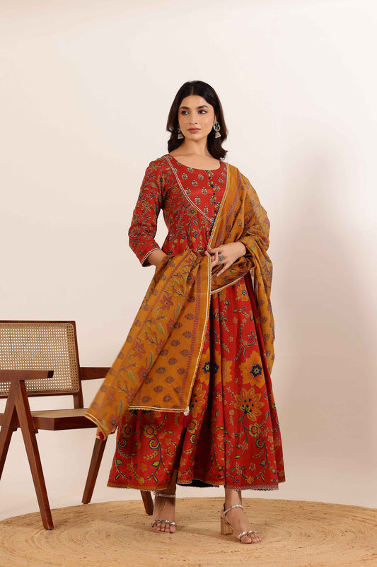 Rust Floral Printed Anarkali Dress with Floral Printed Dupatta