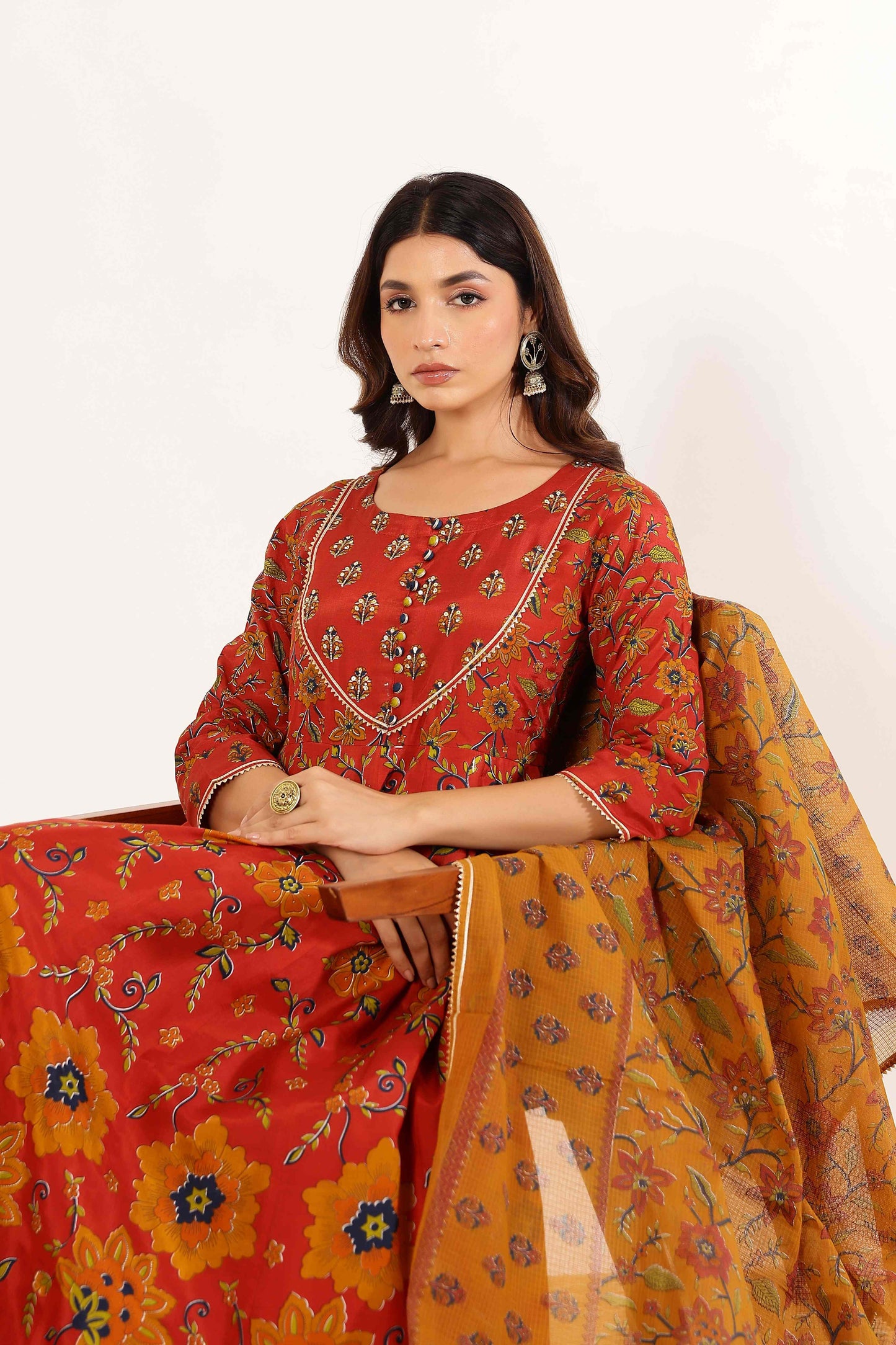 Rust Floral Printed Anarkali Dress with Floral Printed Dupatta