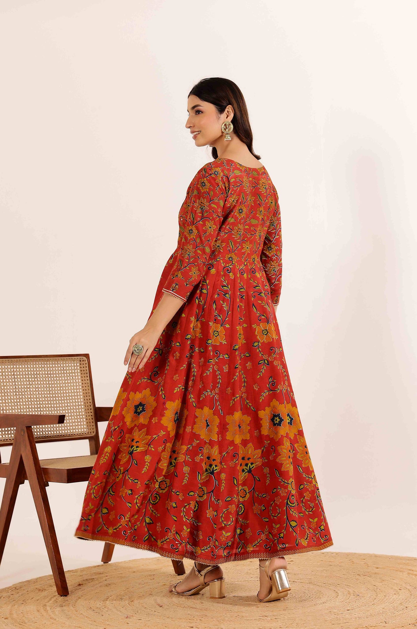 Rust Floral Printed Anarkali Dress with Floral Printed Dupatta