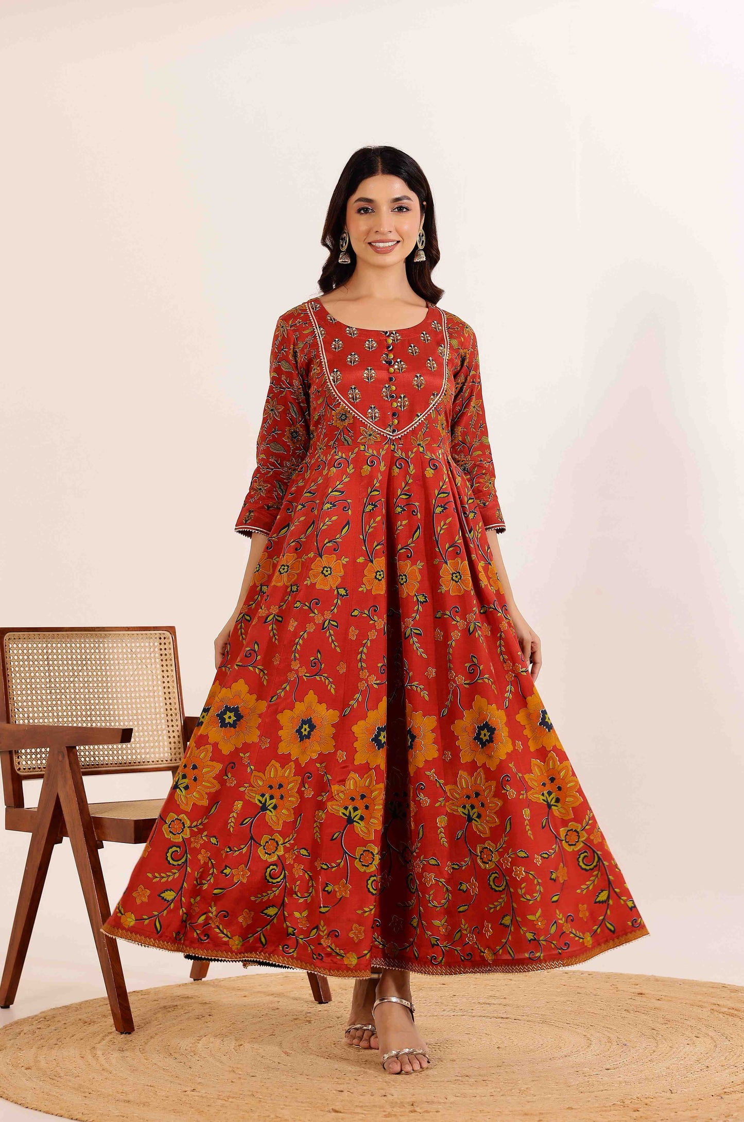 Rust Floral Printed Anarkali Dress with Floral Printed Dupatta