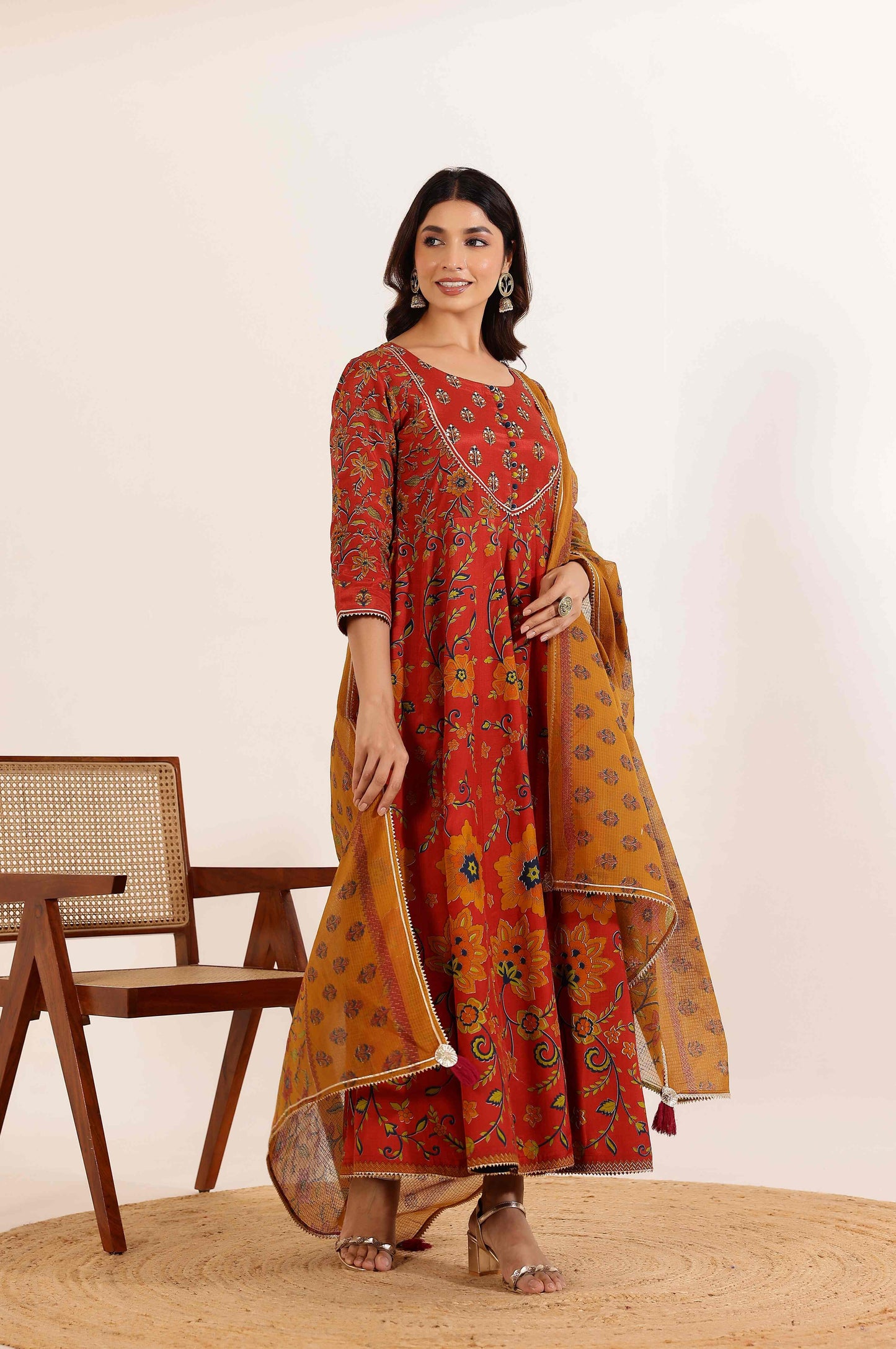 Rust Floral Printed Anarkali Dress with Floral Printed Dupatta
