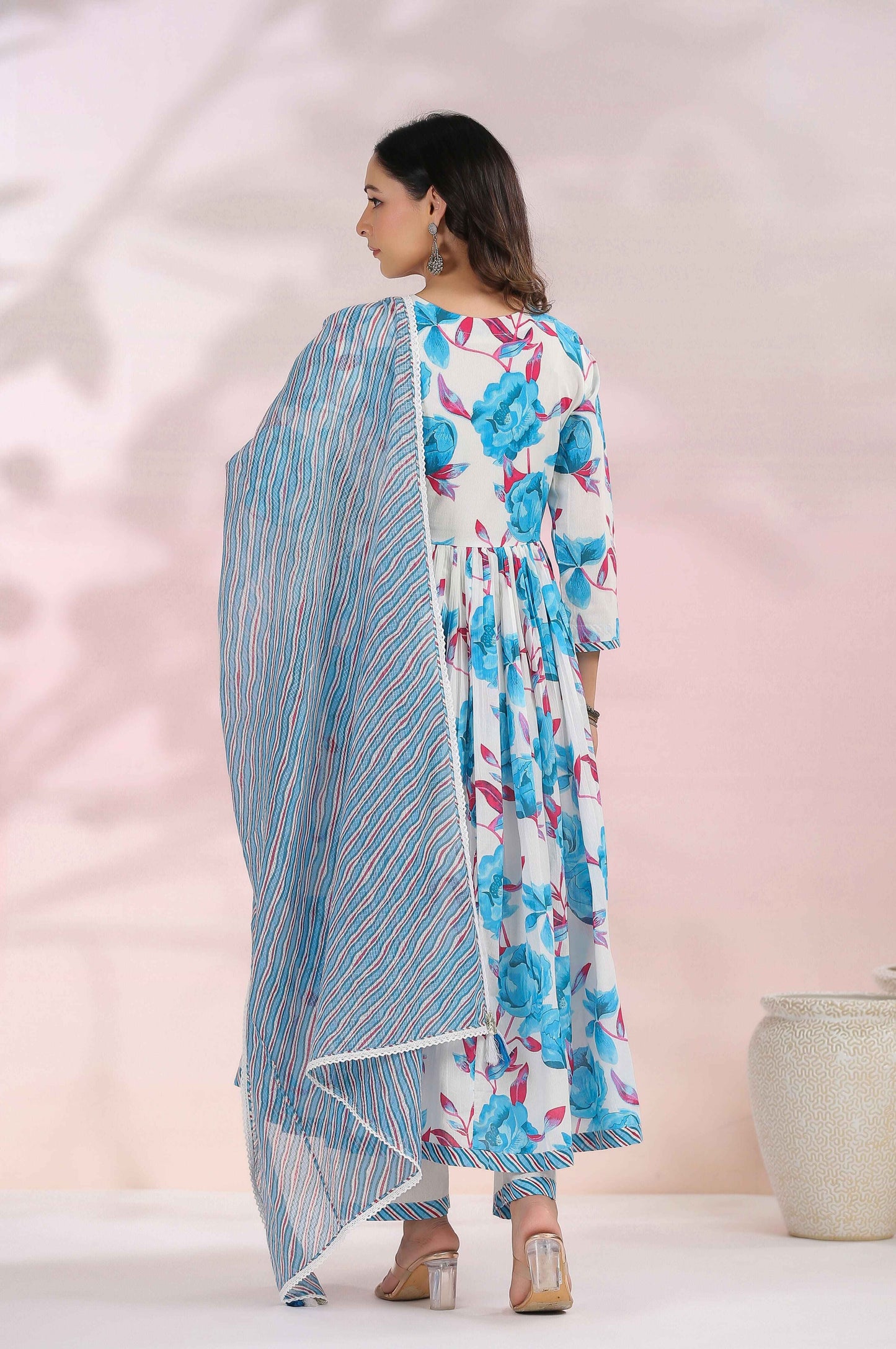 Blue Floral Printed Angrakha Anarkali Kurta Set