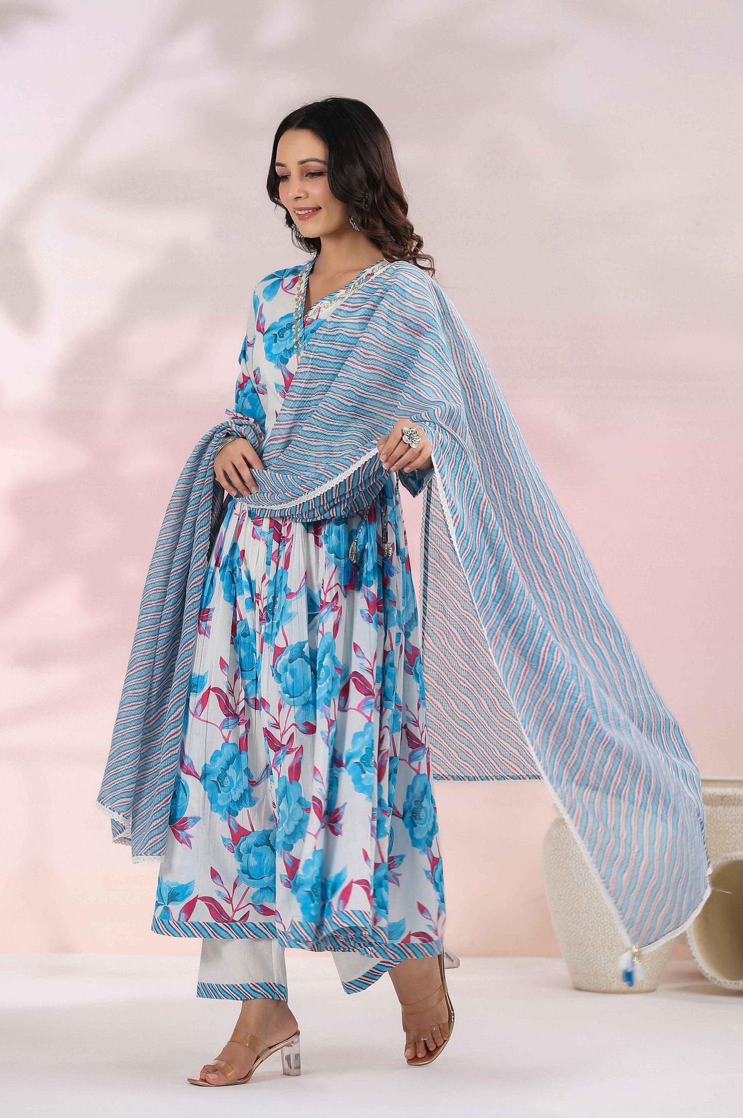 Blue Floral Printed Angrakha Anarkali Kurta Set
