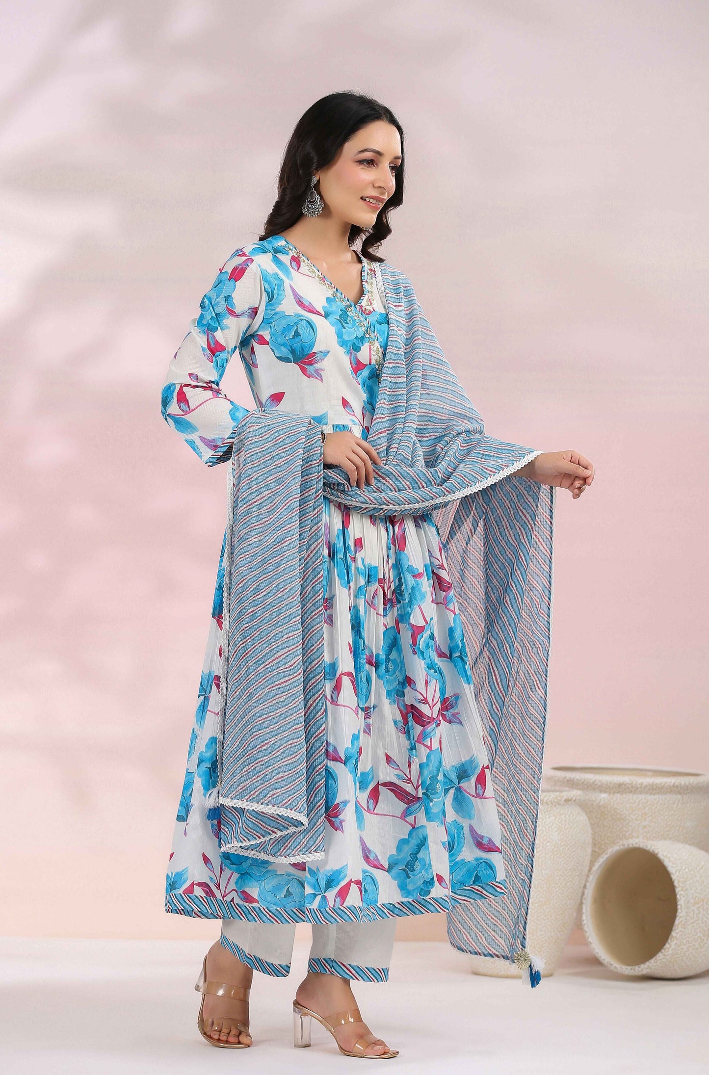 Blue Floral Printed Angrakha Anarkali Kurta Set