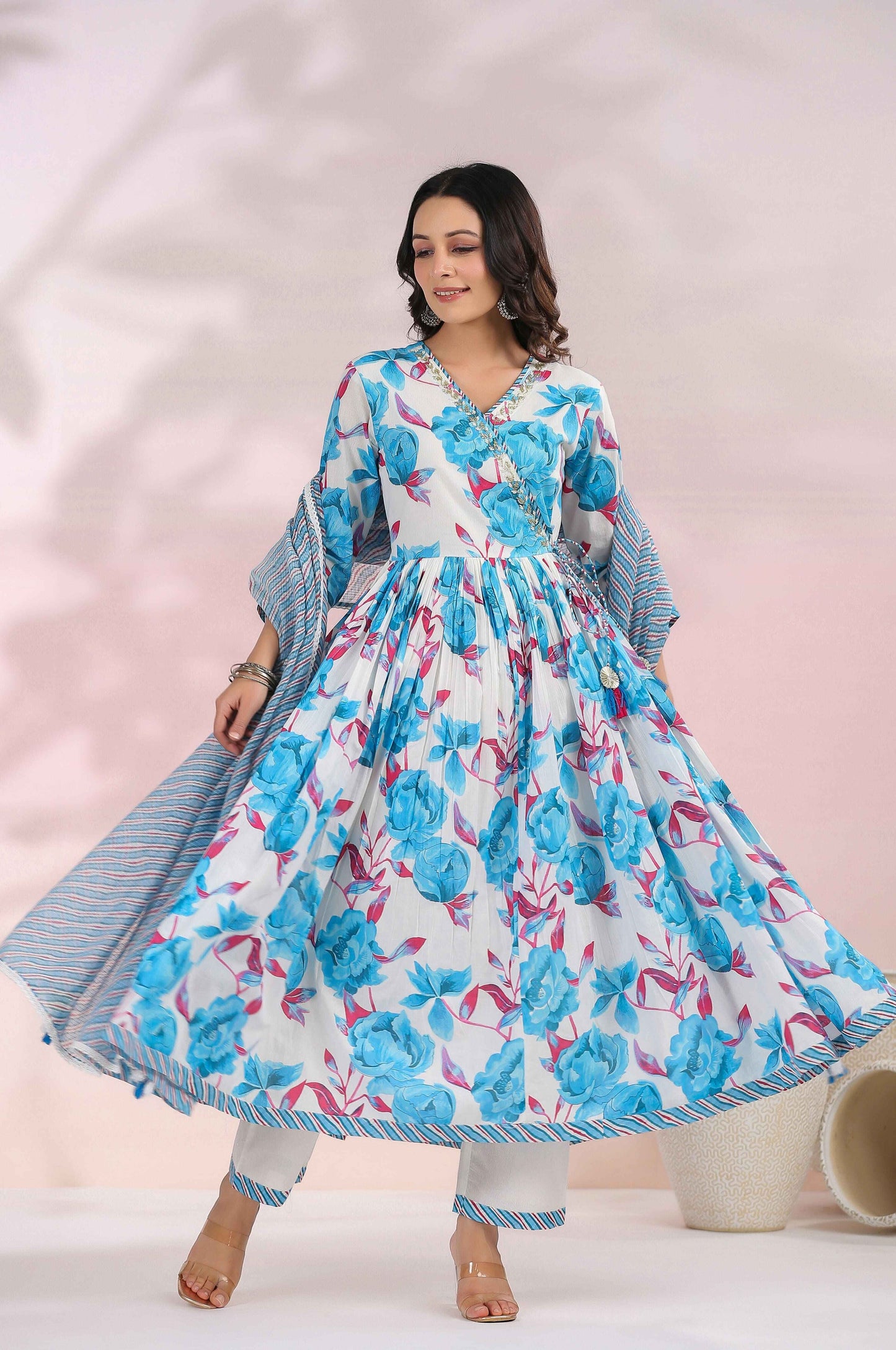 Blue Floral Printed Angrakha Anarkali Kurta Set