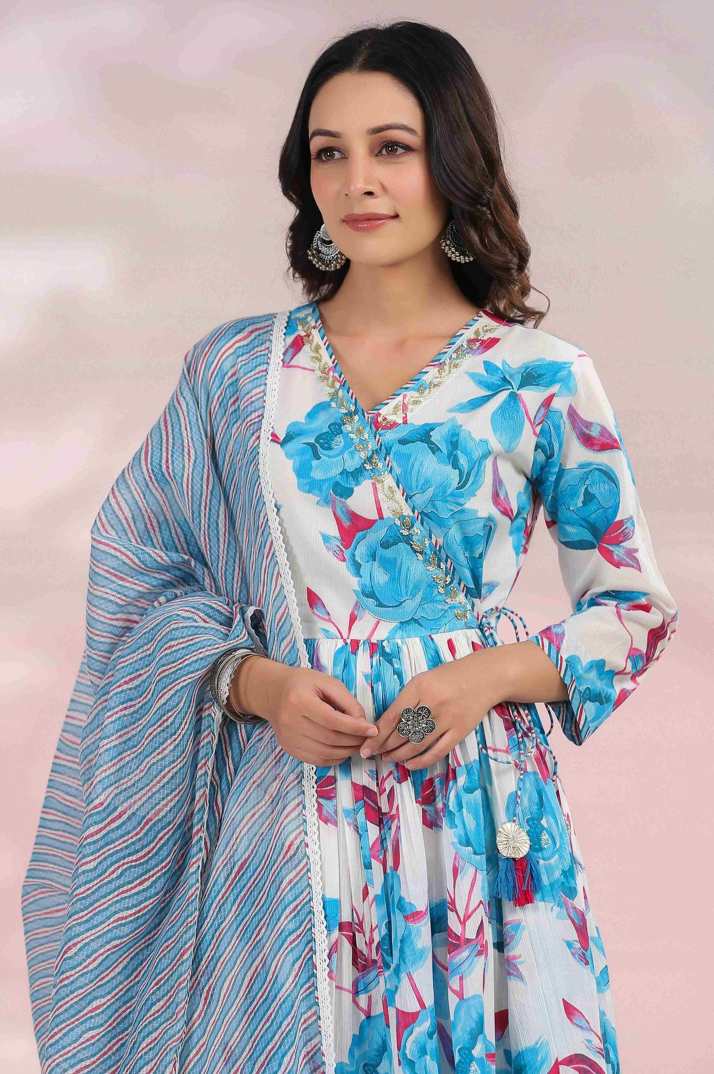 Blue Floral Printed Angrakha Anarkali Kurta Set