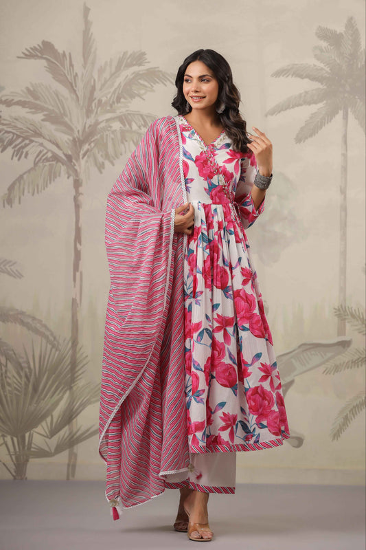 Pink Floral Printed Angrakha Anarkali Kurta Set