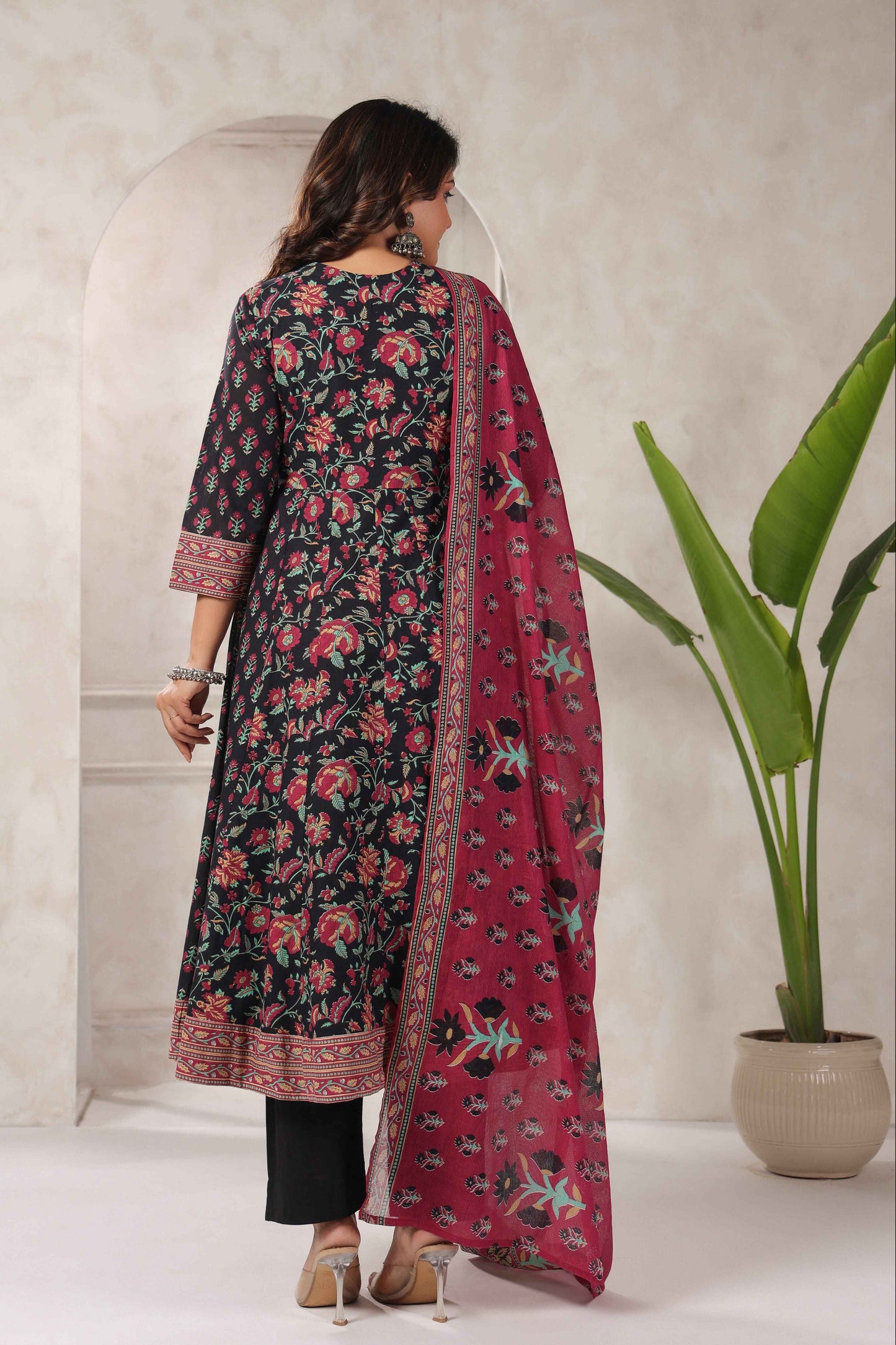 Black Floral Printed Angrakha Anarkali Suit Set