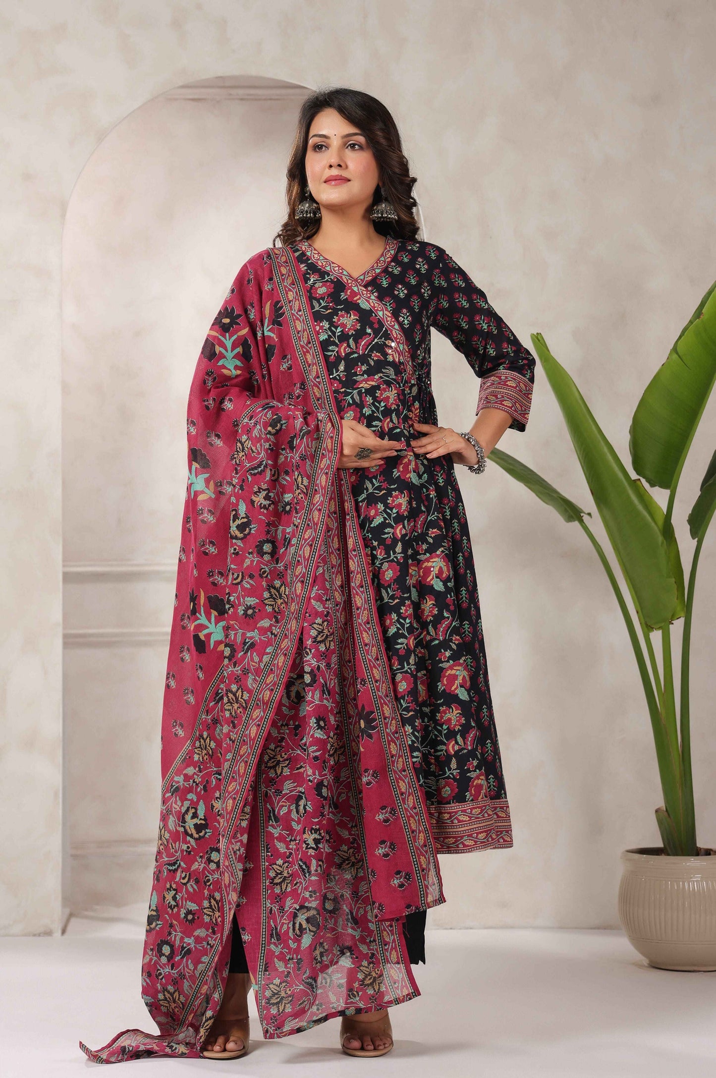 Black Floral Printed Angrakha Anarkali Suit Set