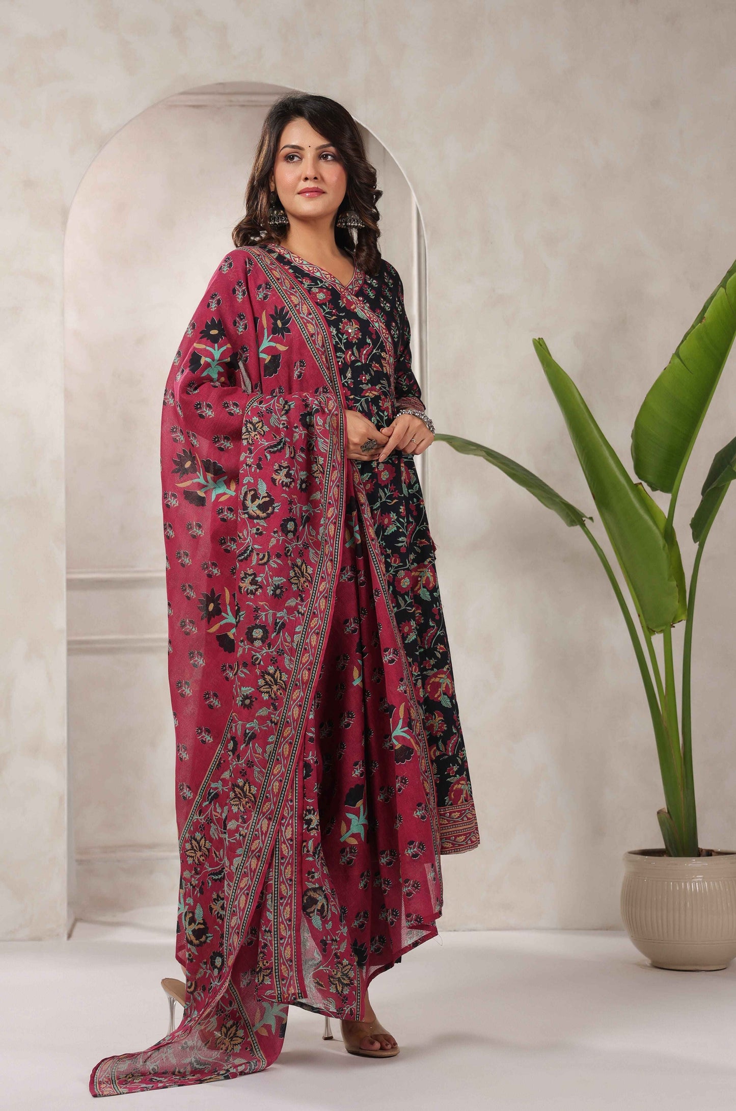 Black Floral Printed Angrakha Anarkali Suit Set
