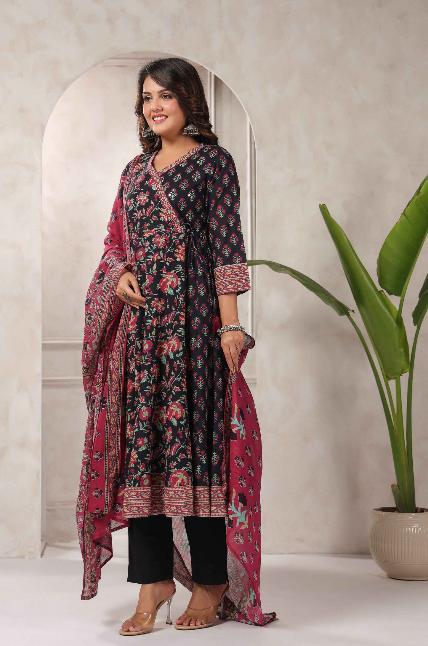 Black Floral Printed Angrakha Anarkali Suit Set