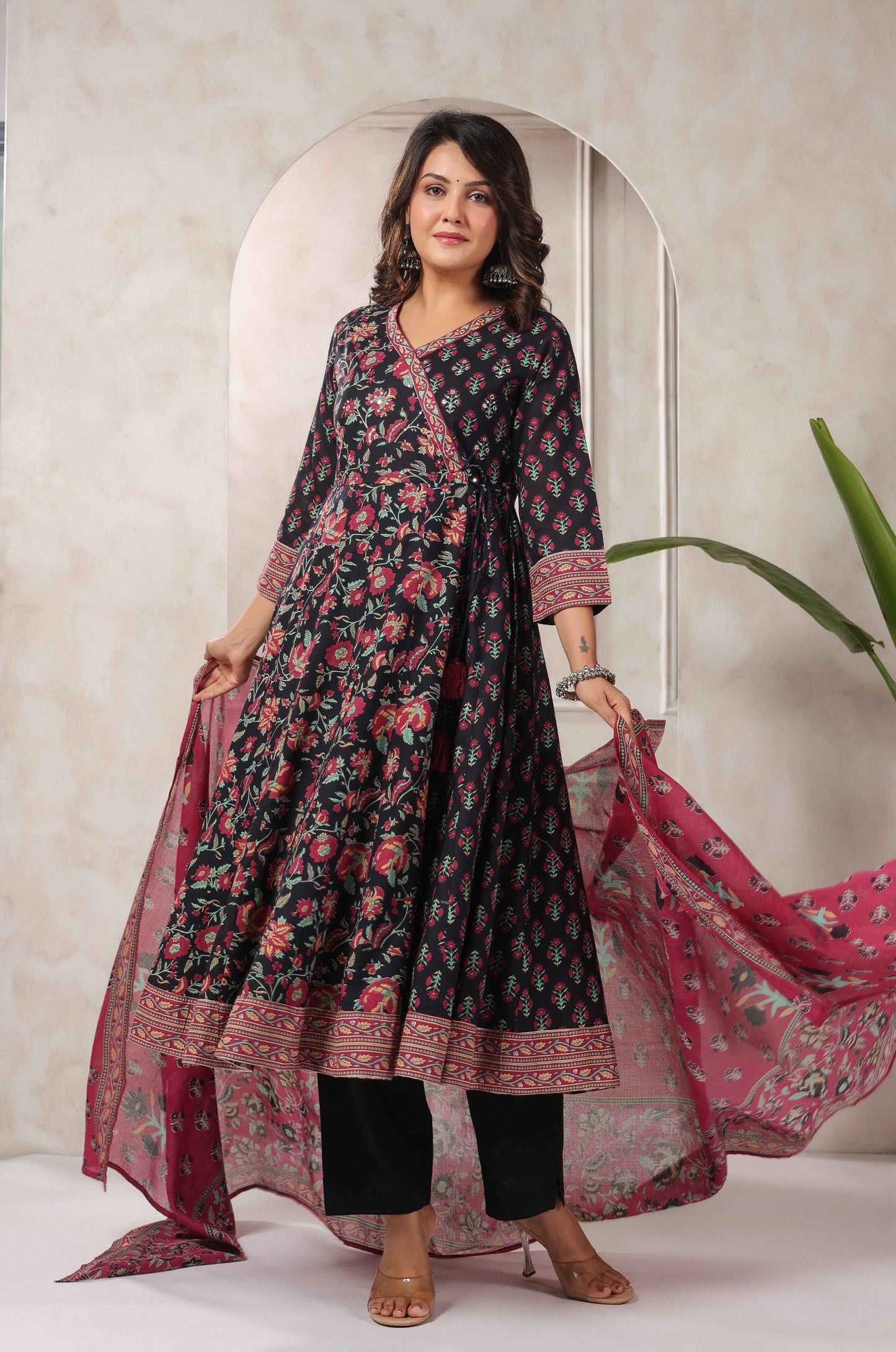 Black Floral Printed Angrakha Anarkali Suit Set