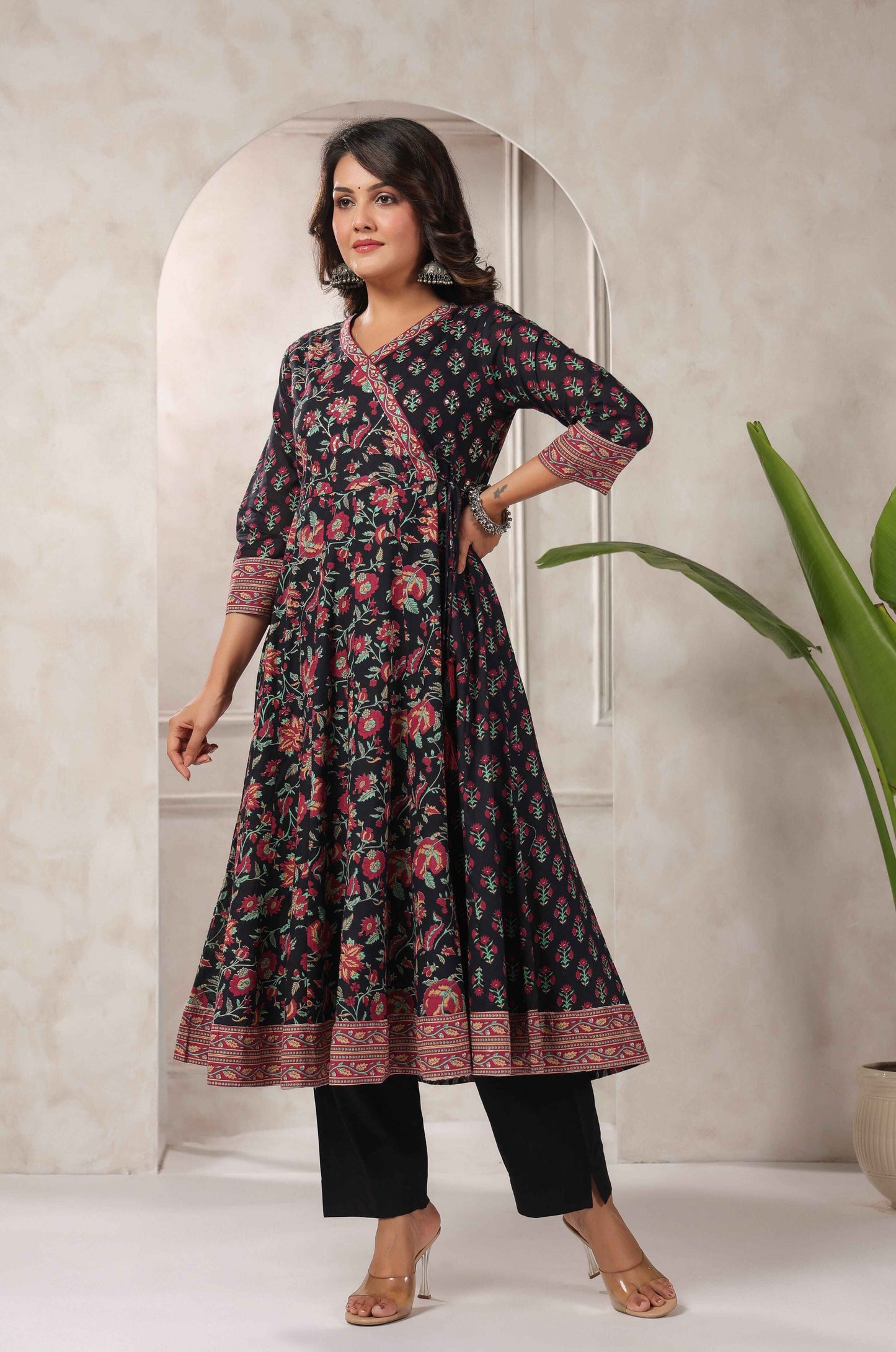 Black Floral Printed Angrakha Anarkali Suit Set