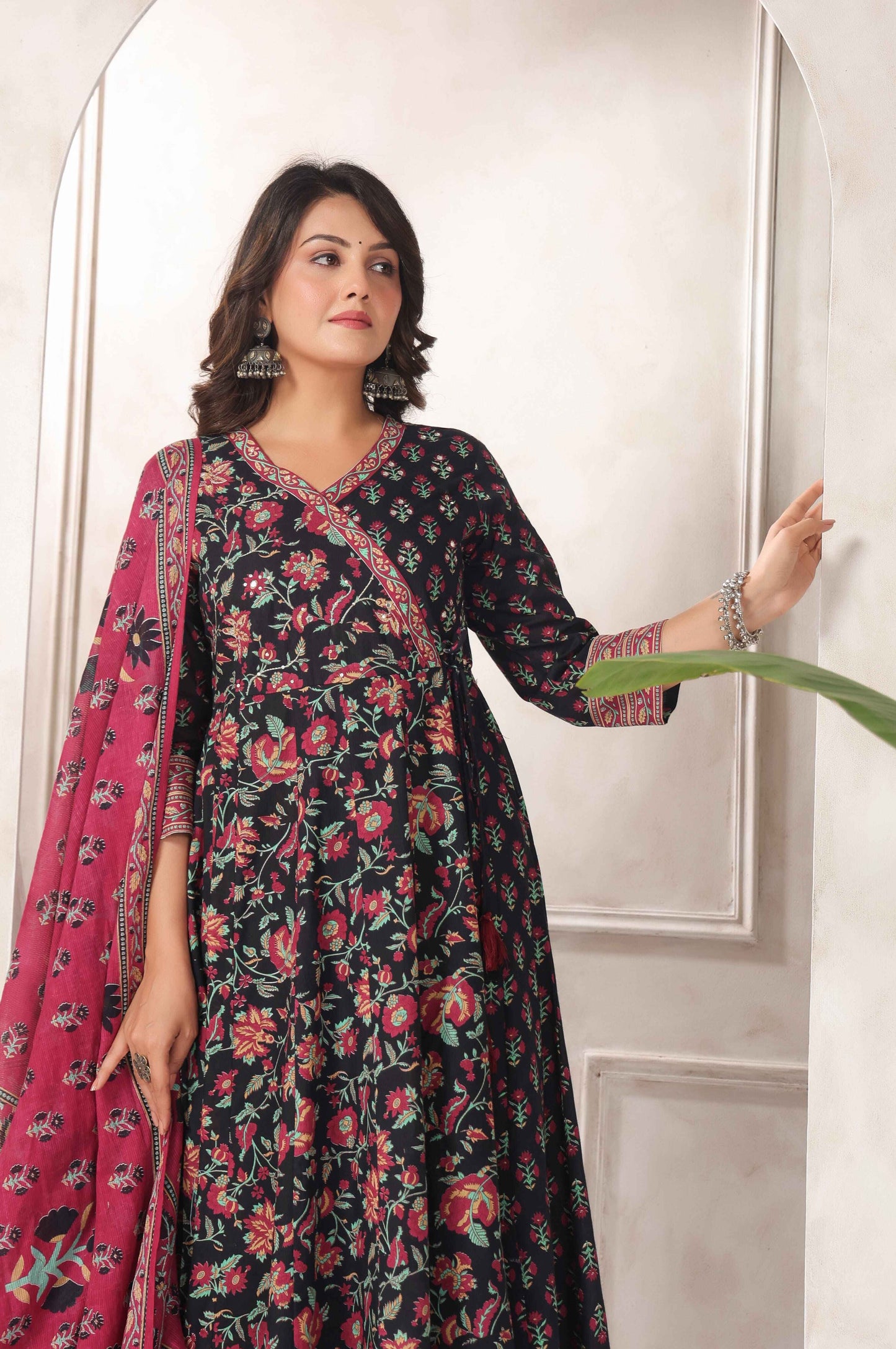 Black Floral Printed Angrakha Anarkali Suit Set
