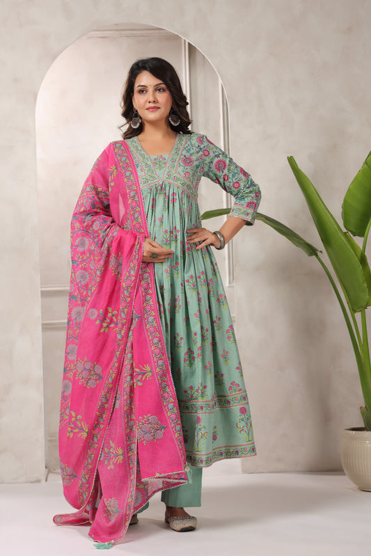 Green Floral  Printed Anarkali Kurta set