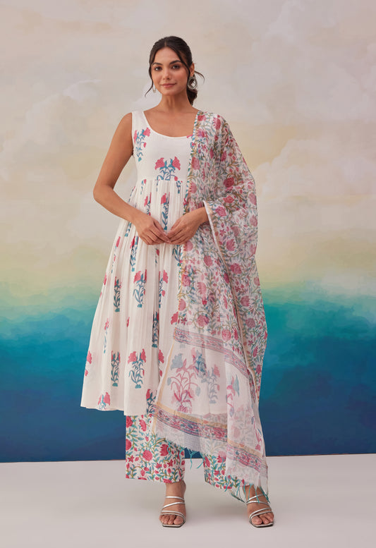 WHITE BLUE FLORAL PRINTED KURTA SET WITH DUPATTA