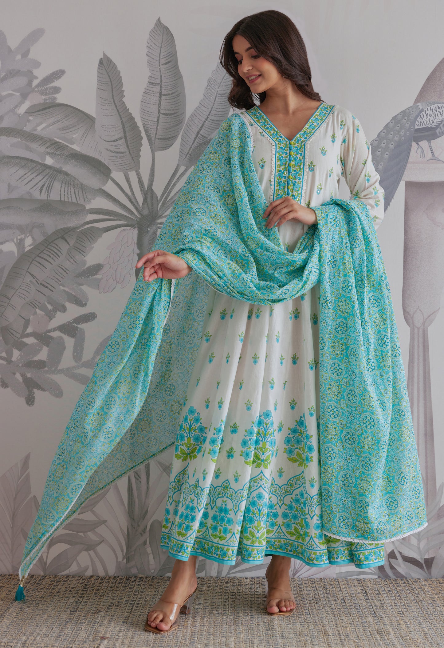 Blue Floral Printed Long Anarkali Dress With Dupatta