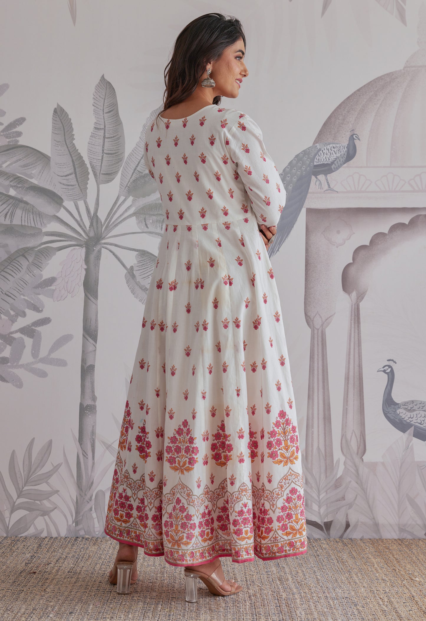 Pink Floral Printed Long Anarkali Dress With Dupatta