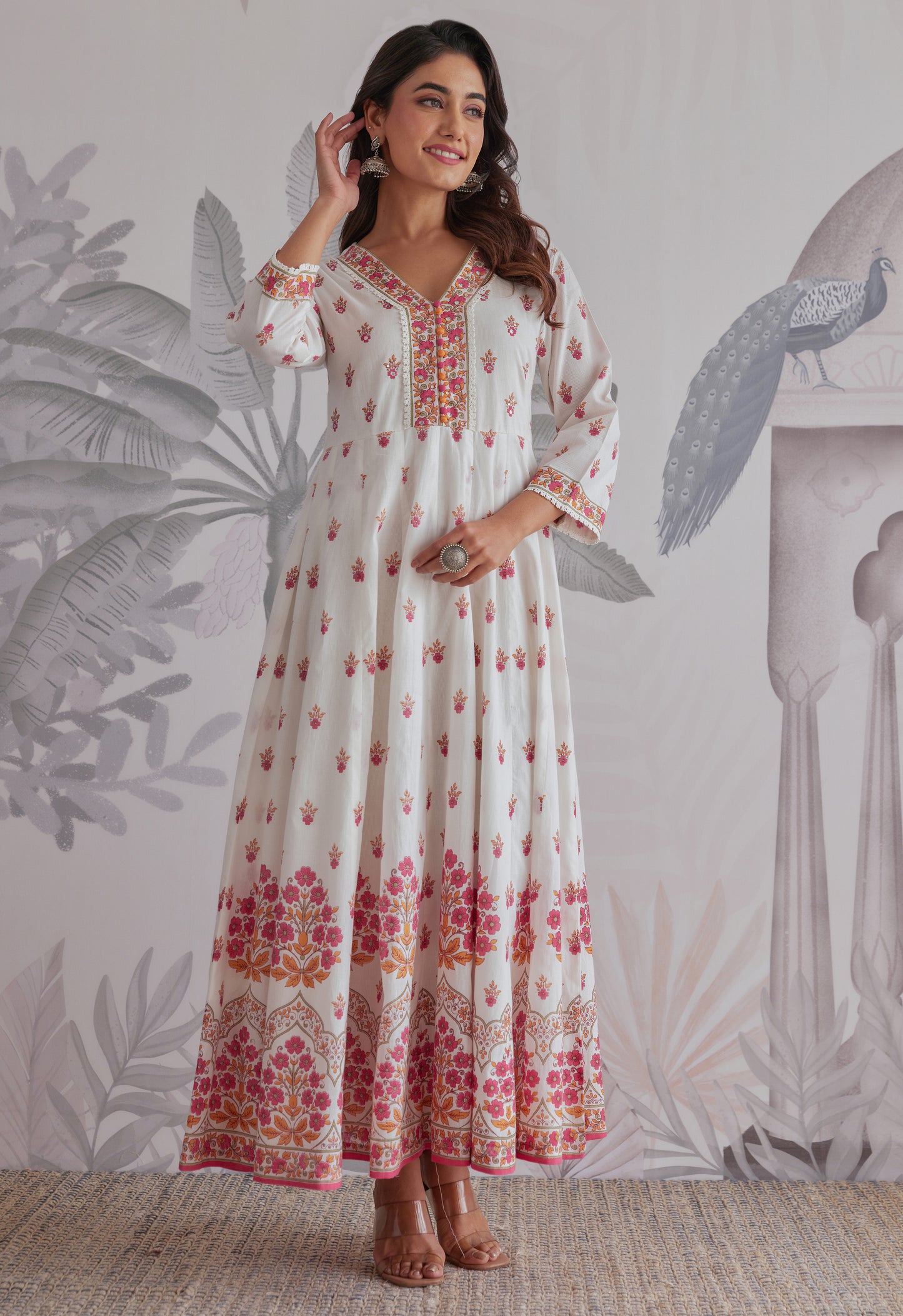 Pink Floral Printed Long Anarkali Dress With Dupatta