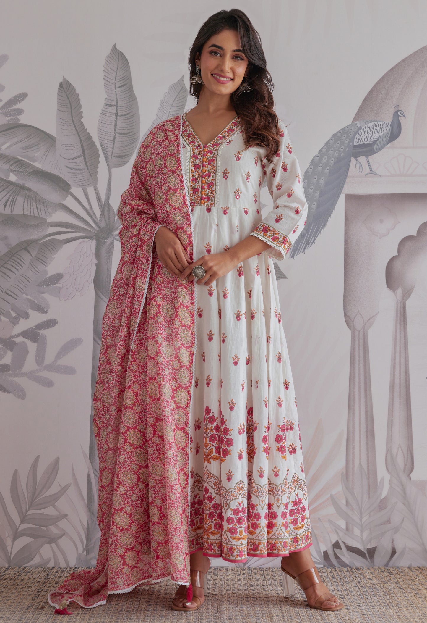 Pink Floral Printed Long Anarkali Dress With Dupatta