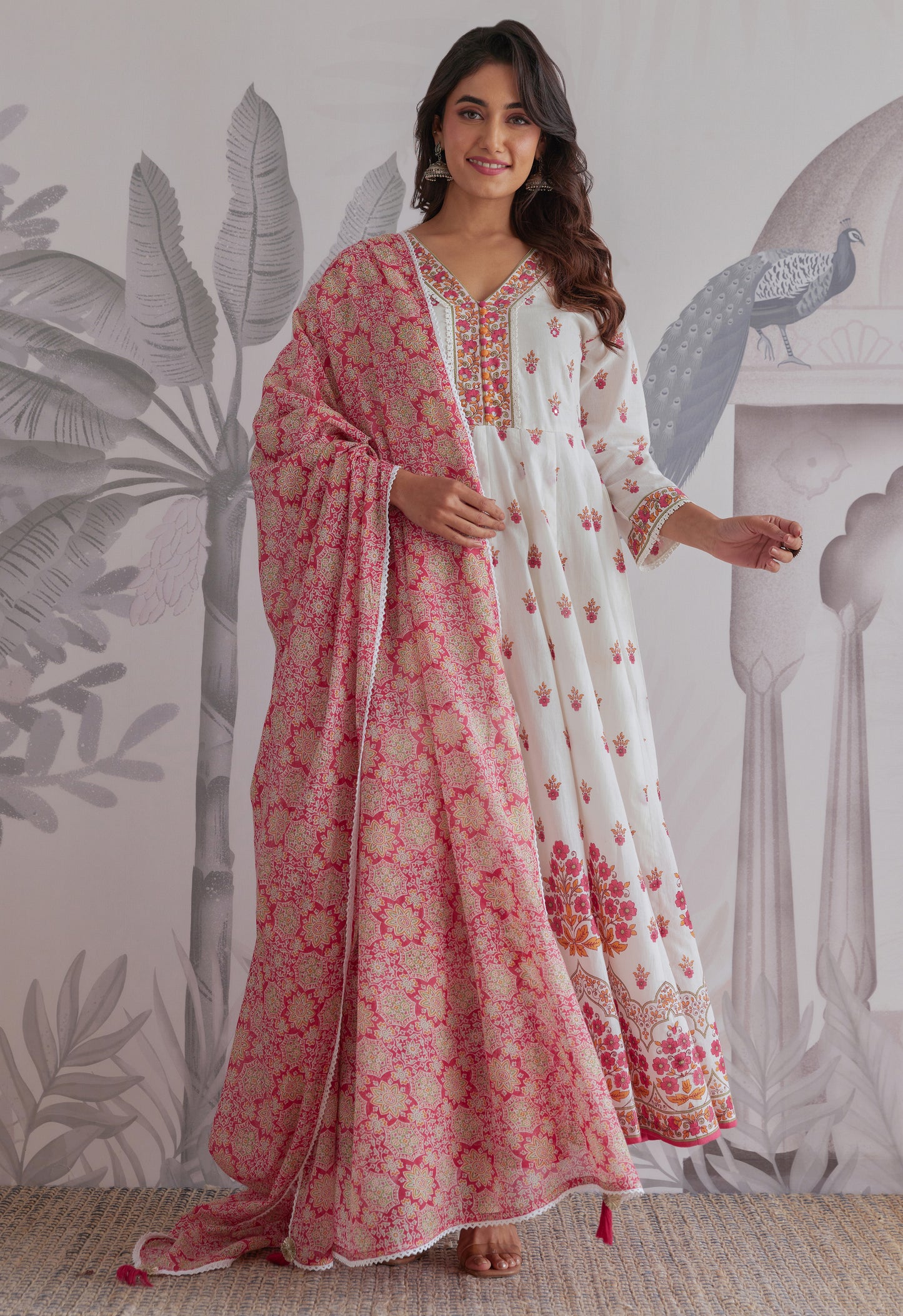 Pink Floral Printed Long Anarkali Dress With Dupatta