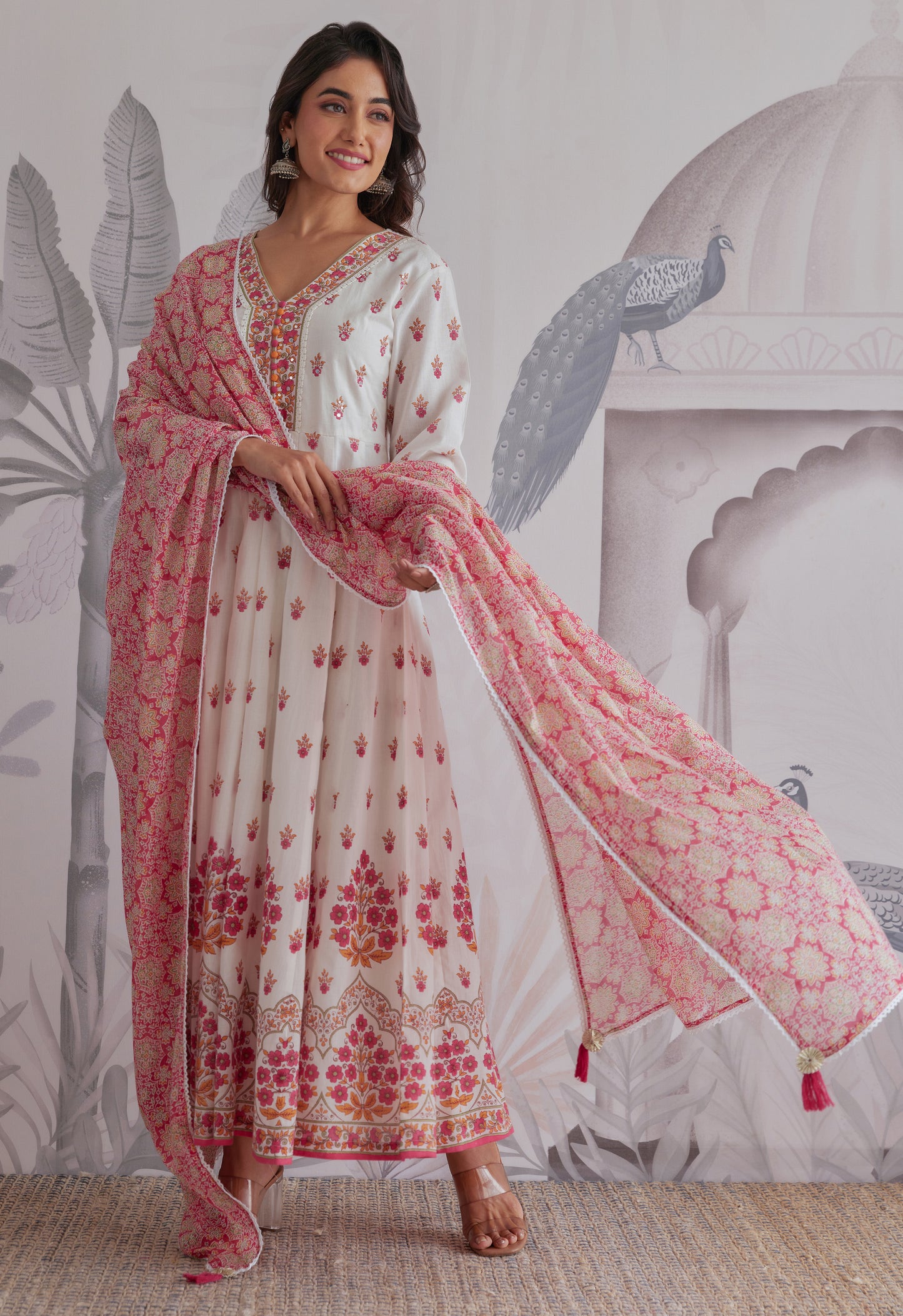 Pink Floral Printed Long Anarkali Dress With Dupatta