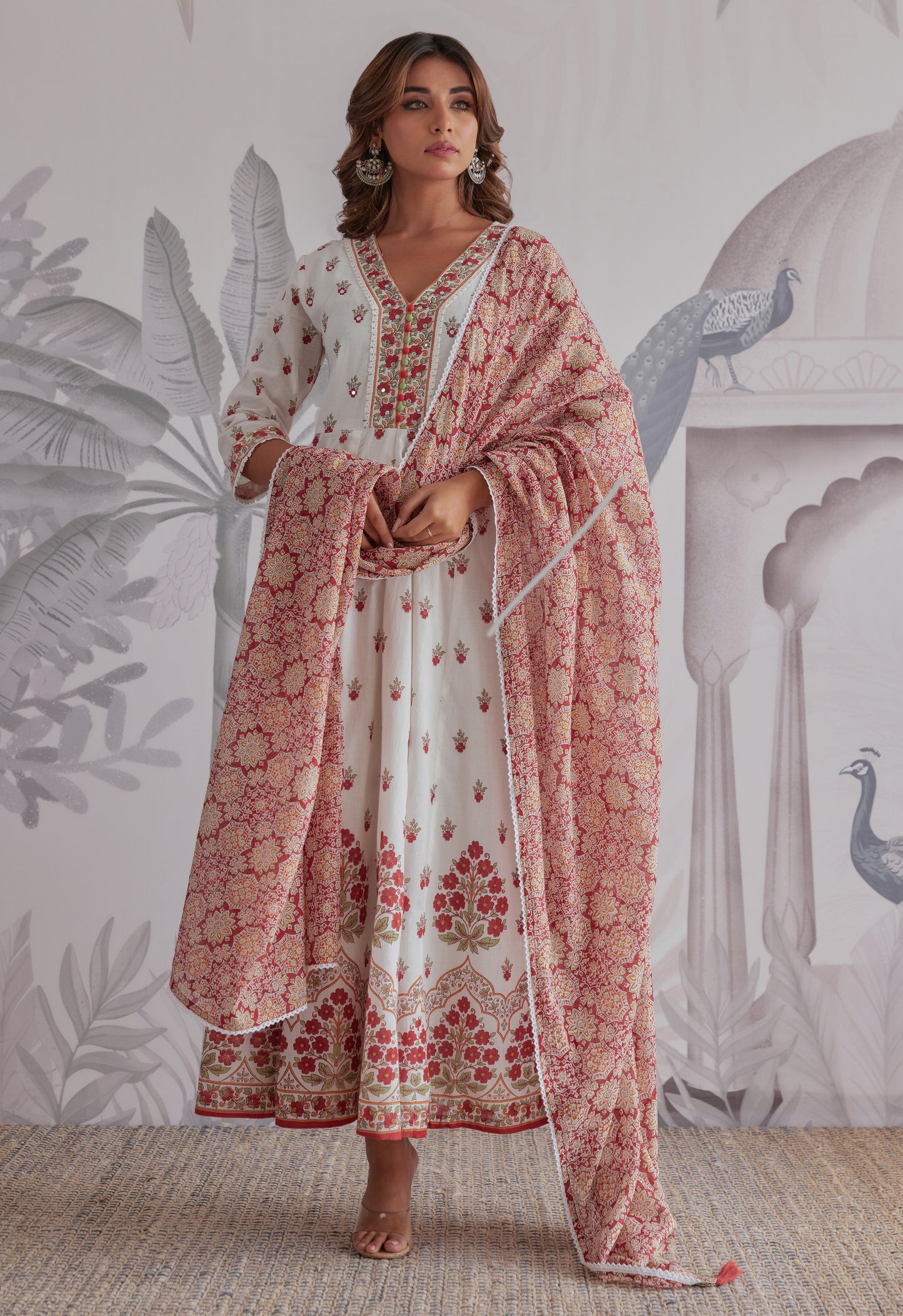 Maroon Floral Printed Long Anarkali Dress With Dupatta