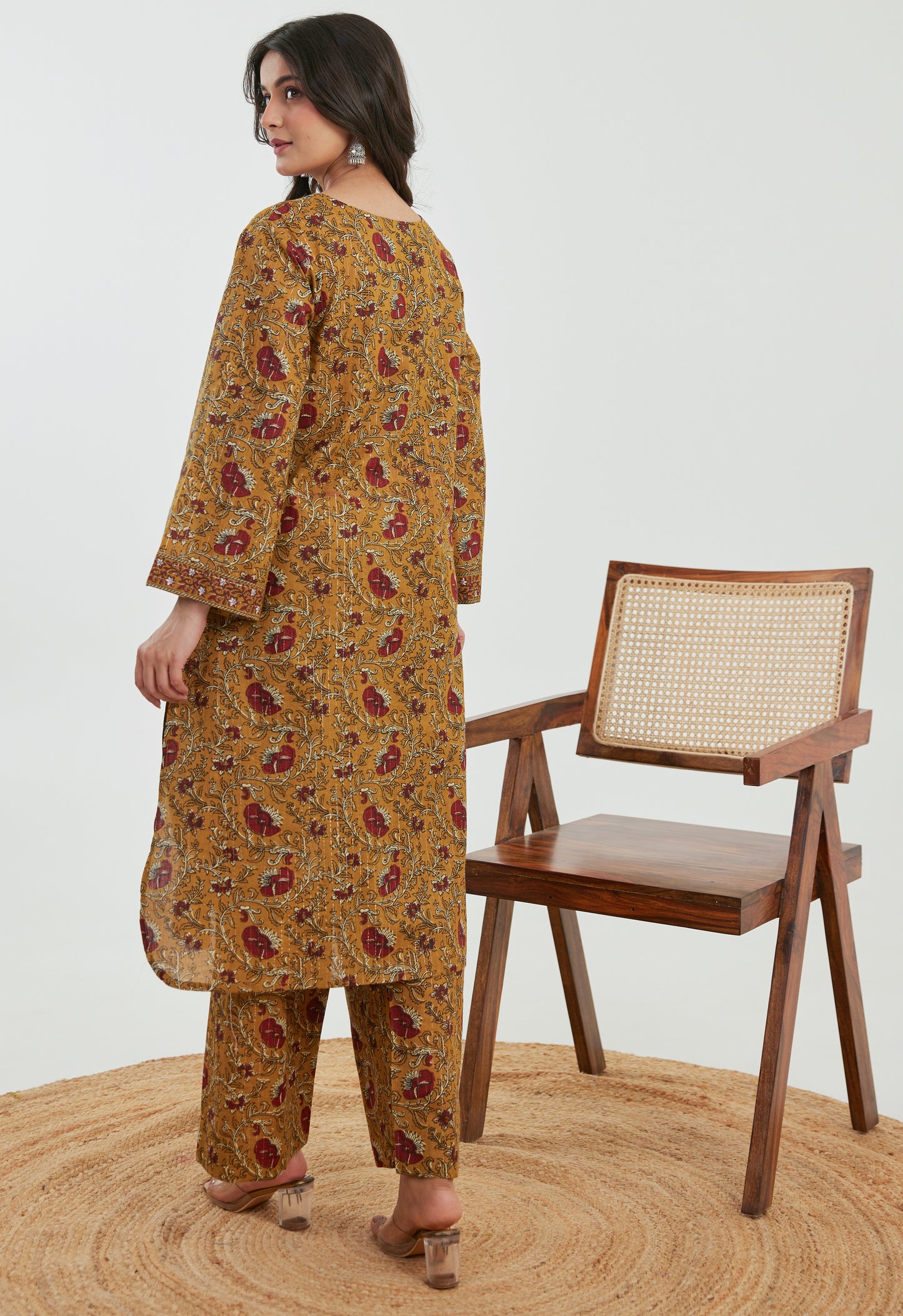 Mustard Floral Cotton Lurex Co-Ord Set