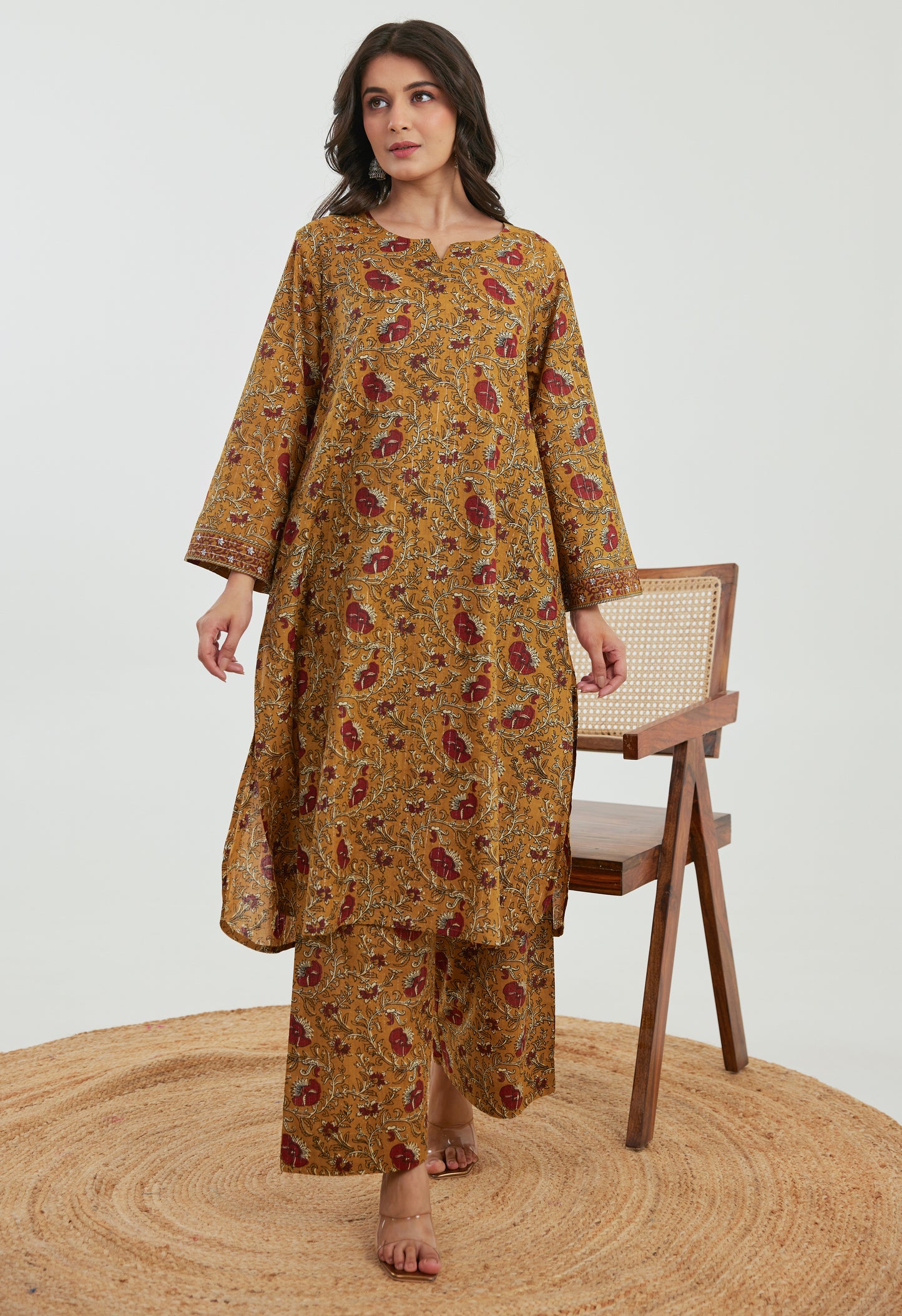 Mustard Floral Cotton Lurex Co-Ord Set