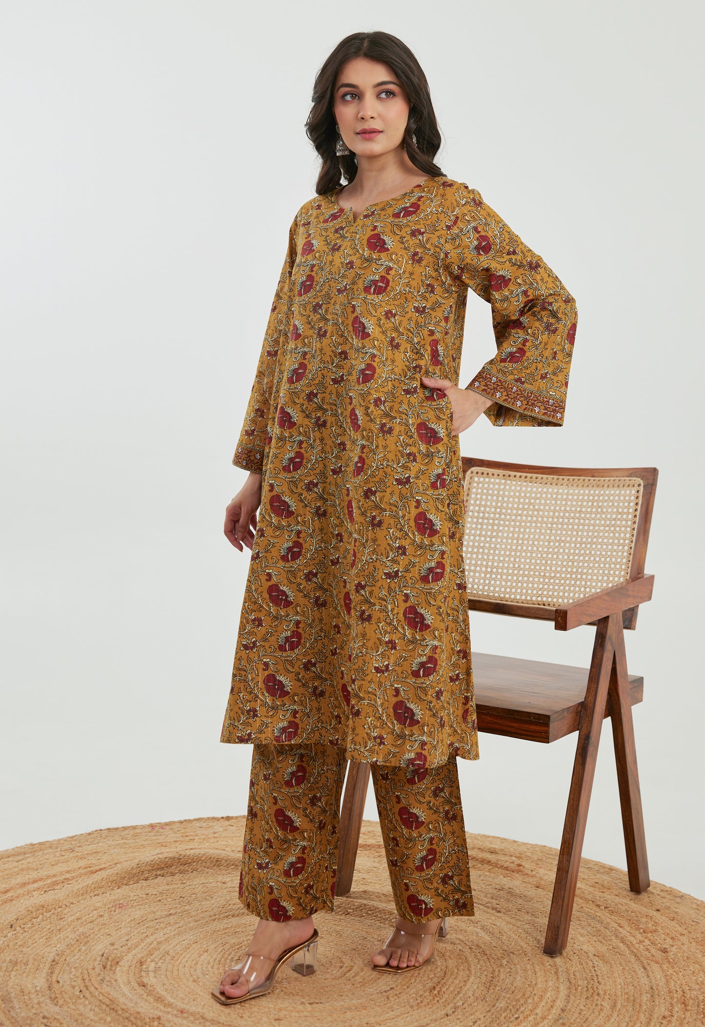 Mustard Floral Cotton Lurex Co-Ord Set